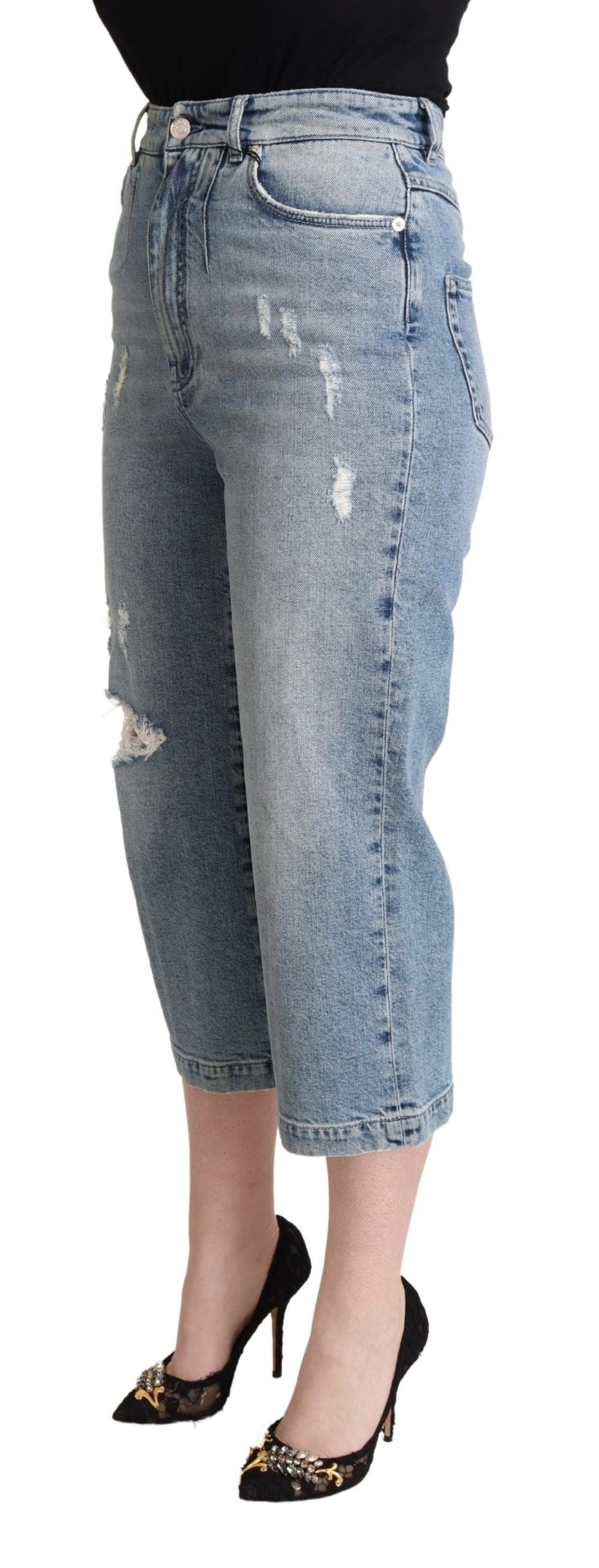 Dolce & Gabbana Blaue Capri-Cropped-Jeans aus zerrissenem Baumwoll-Denim