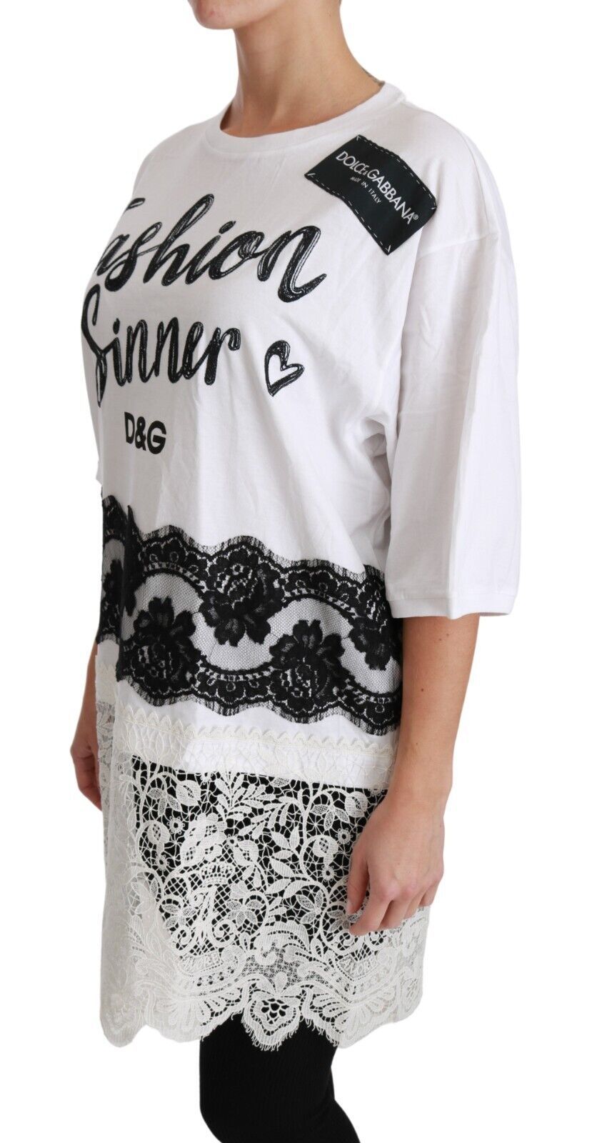 Dolce & Gabbana Weißes Fashion Sinner Baumwoll-Spitzen-T-Shirt-Top