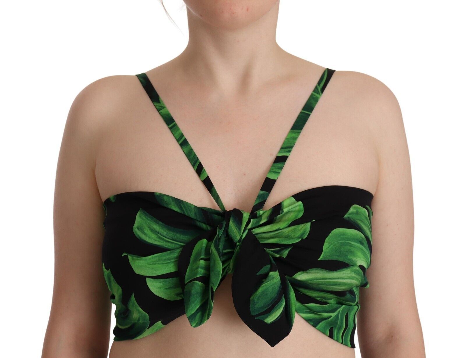 Dolce & Gabbana Schwarz-grünes Blatt-Seidenhalfter-Top