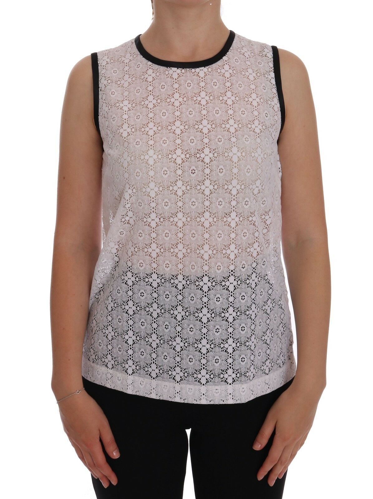 Dolce & Gabbana Weißes geblümtes Nylon-Tank-T-Shirt mit Spitze