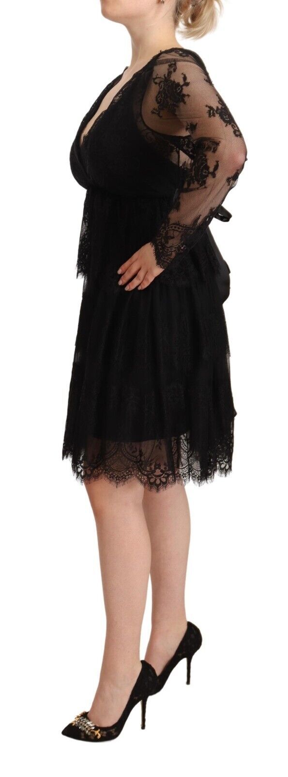 Aniye By Schwarzes florales Baumwoll-Spitzenkleid mit langen Ärmeln und V-Ausschnitt