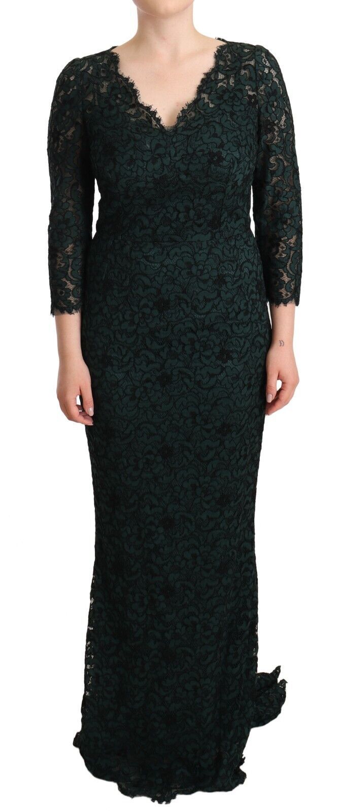 Dolce & Gabbana Grünes bodenlanges Maxikleid aus floraler Spitze