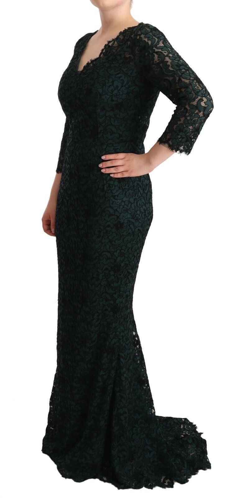 Dolce & Gabbana Grünes bodenlanges Maxikleid aus floraler Spitze