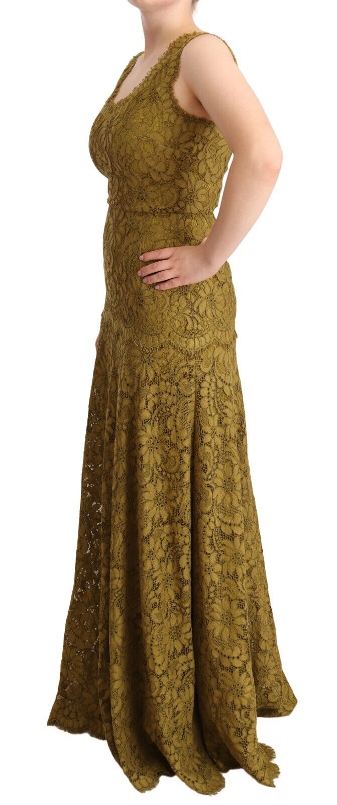 Dolce & Gabbana Braunes bodenlanges Maxikleid aus floraler Spitze