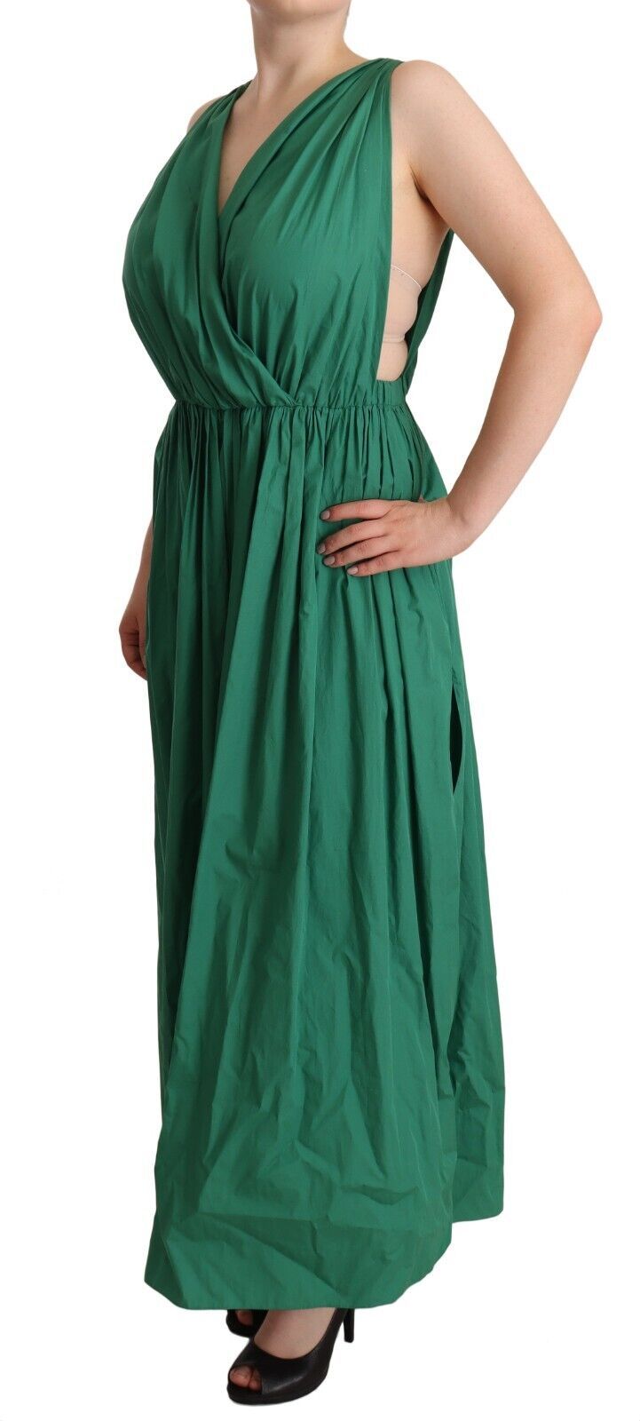 Dolce & Gabbana Grünes ärmelloses Kleid mit V-Ausschnitt aus Baumwolle