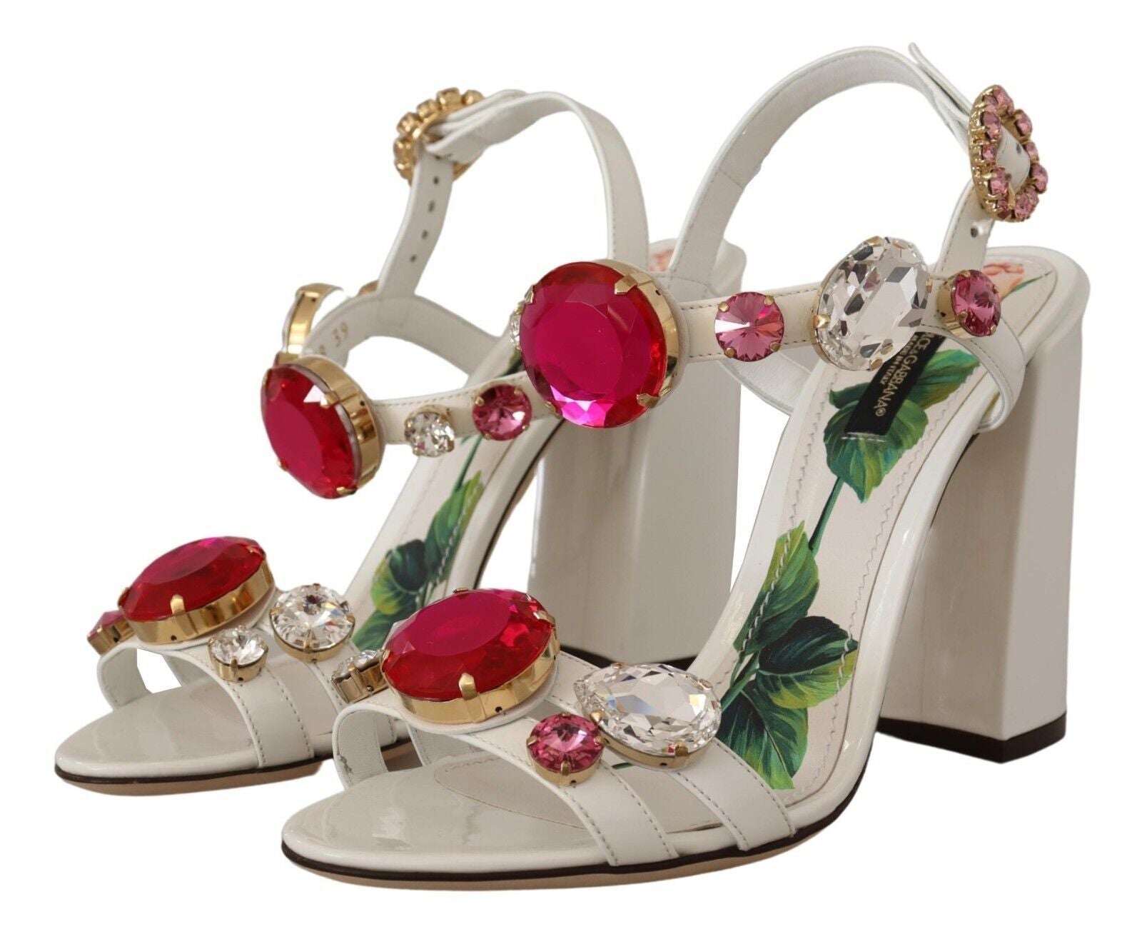 Dolce & Gabbana Weißes Leder Kristall Keira Heels Sandalen Schuhe