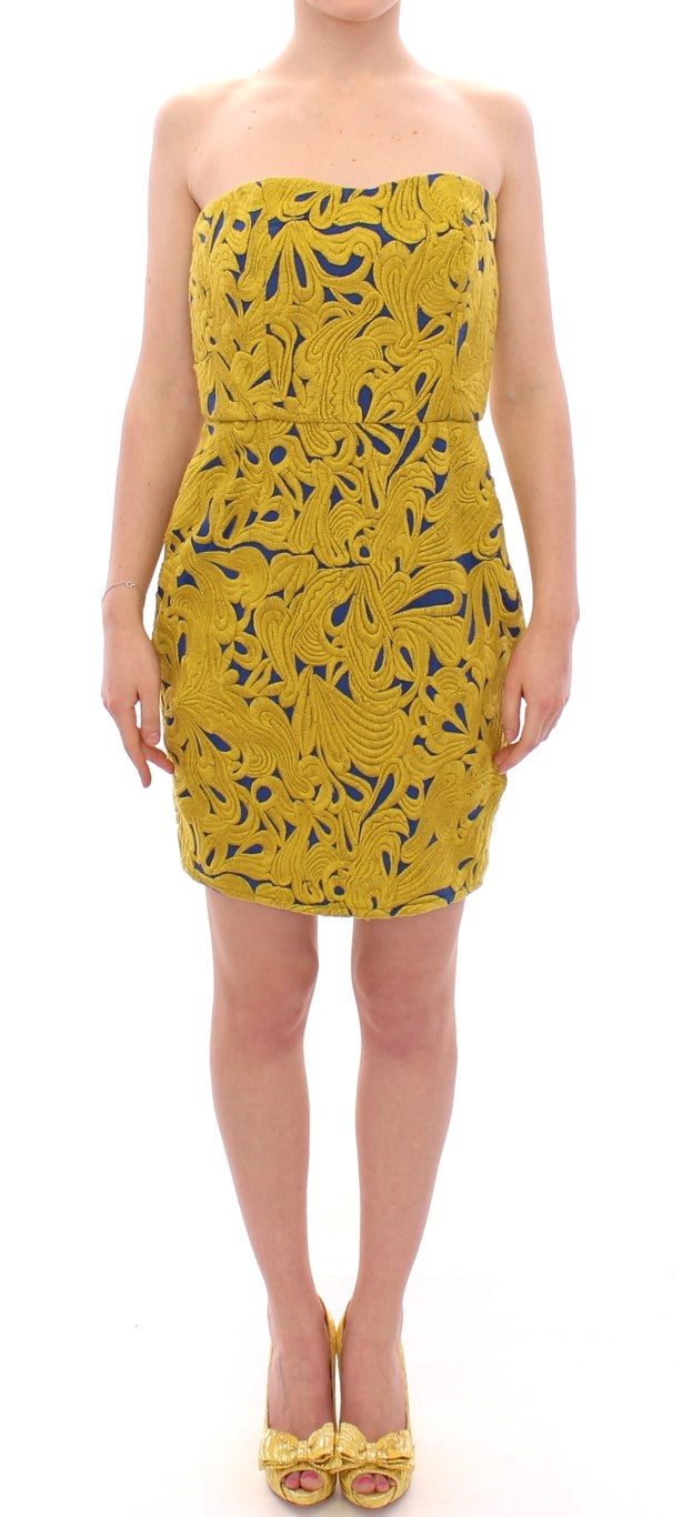 Sachin & Babi Blau-Gelbes trägerloses Bubble Mini Shift Dress