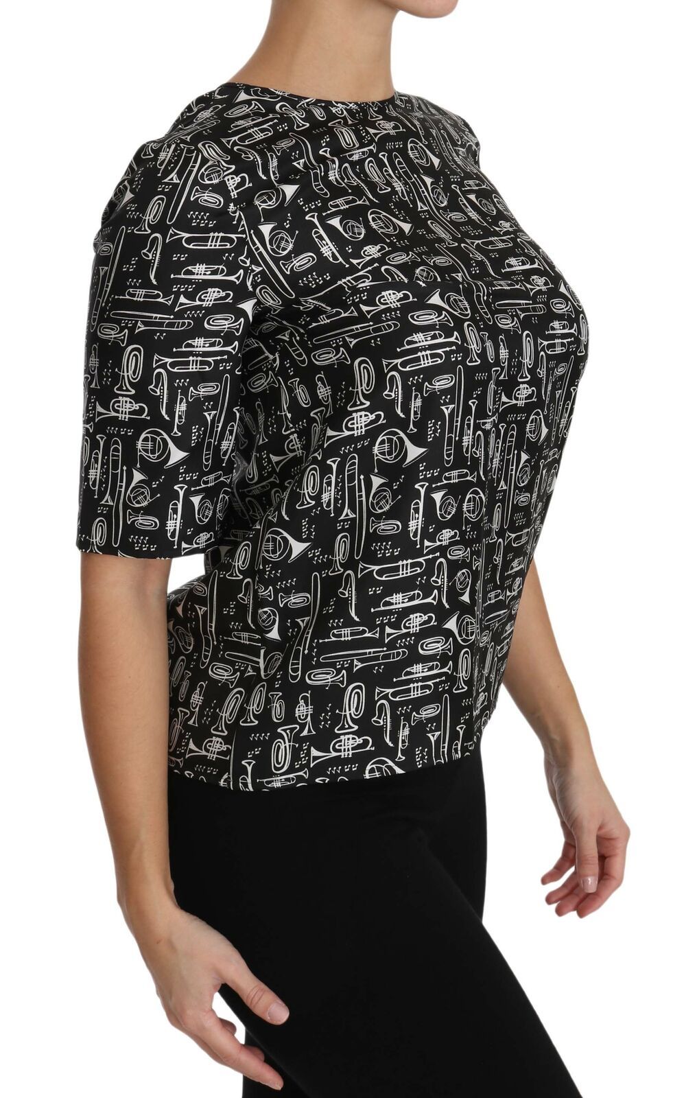 Dolce & Gabbana Schwarze Seidenbluse mit Musikinstrumenten-Druck