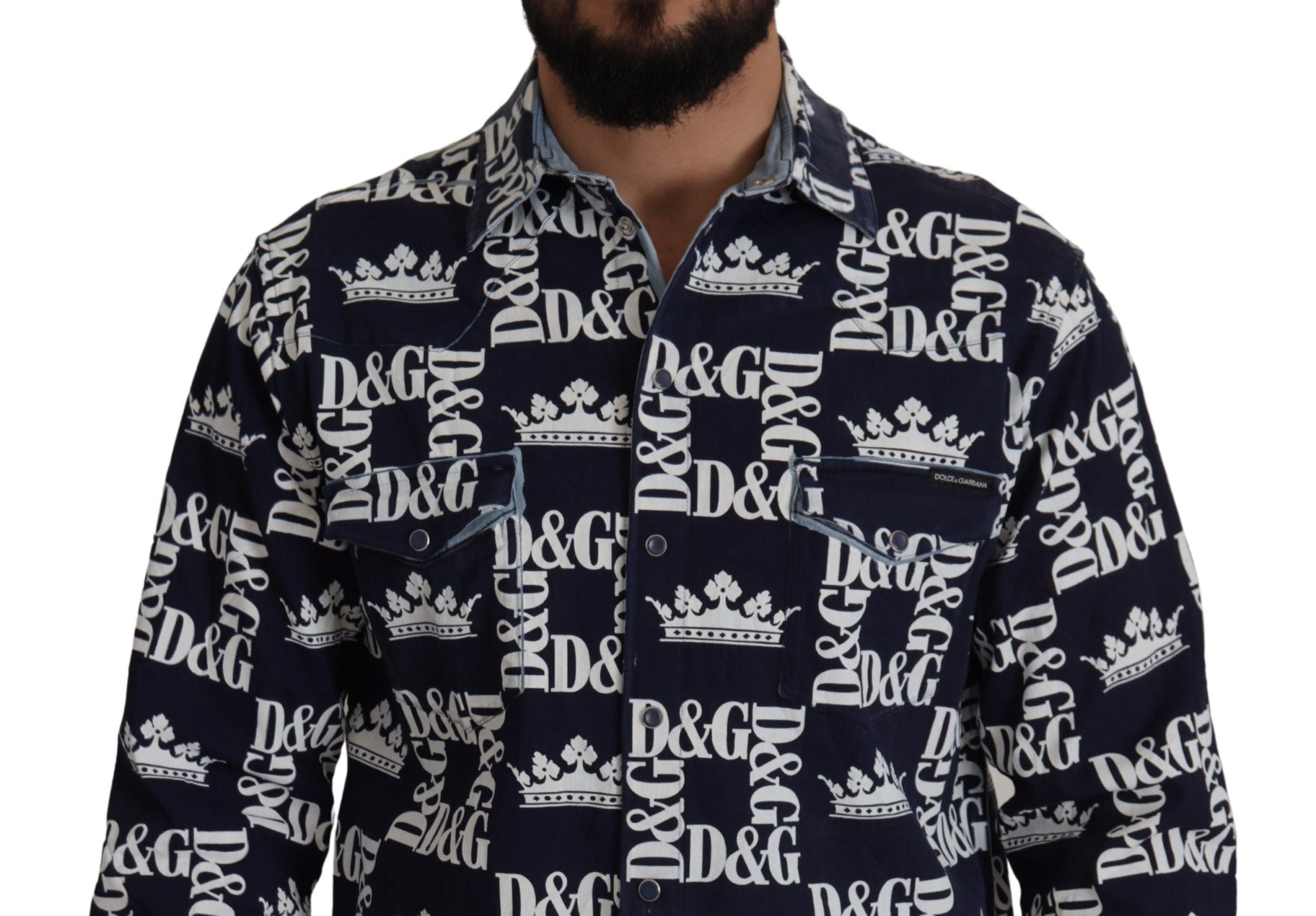 Dolce & Gabbana Blaues Denim Stretch DG Crown Logo Freizeithemd