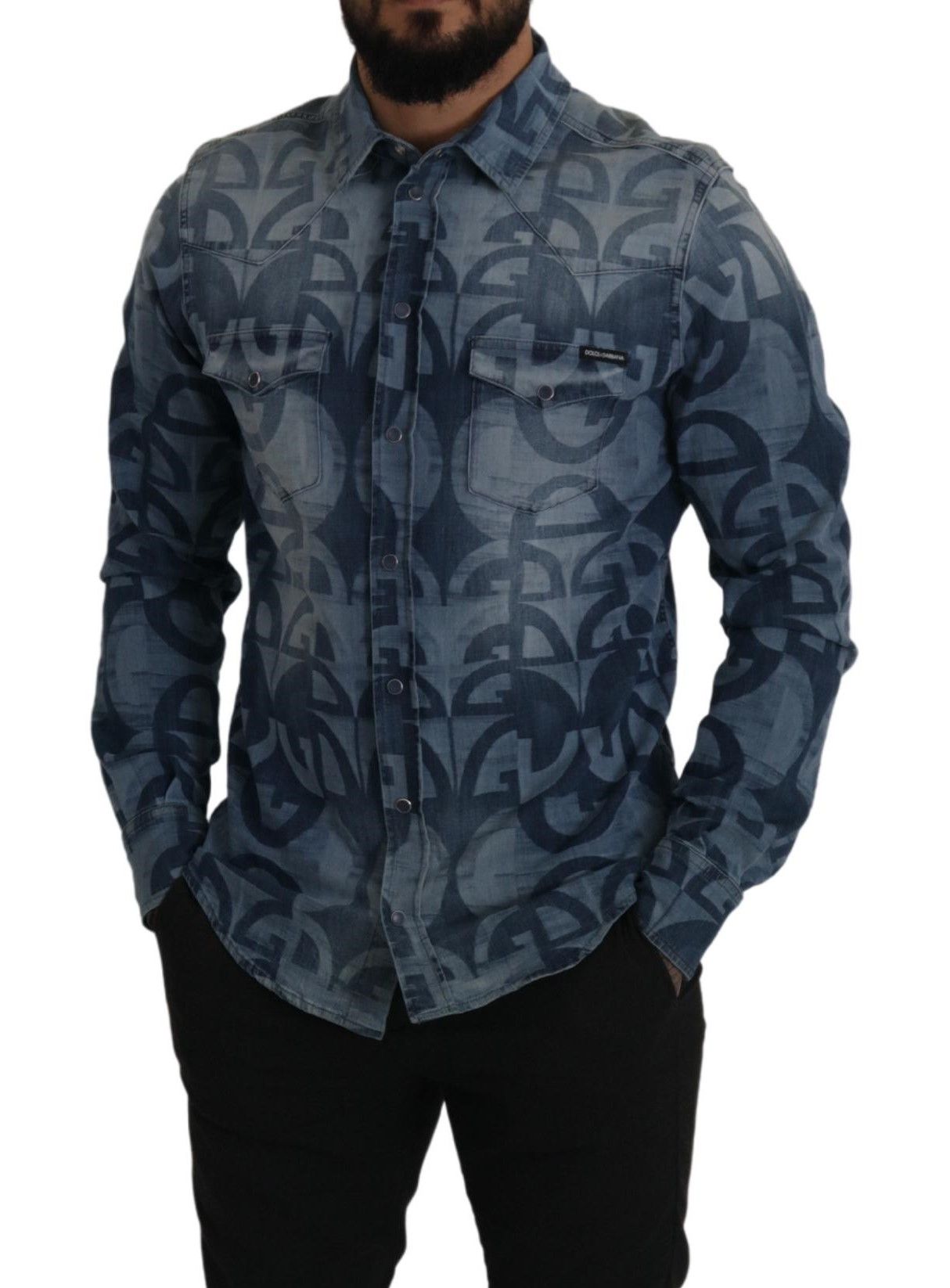 Dolce & Gabbana Blaues Denim Stretch DG Logo Lässiges schmales Herrenhemd