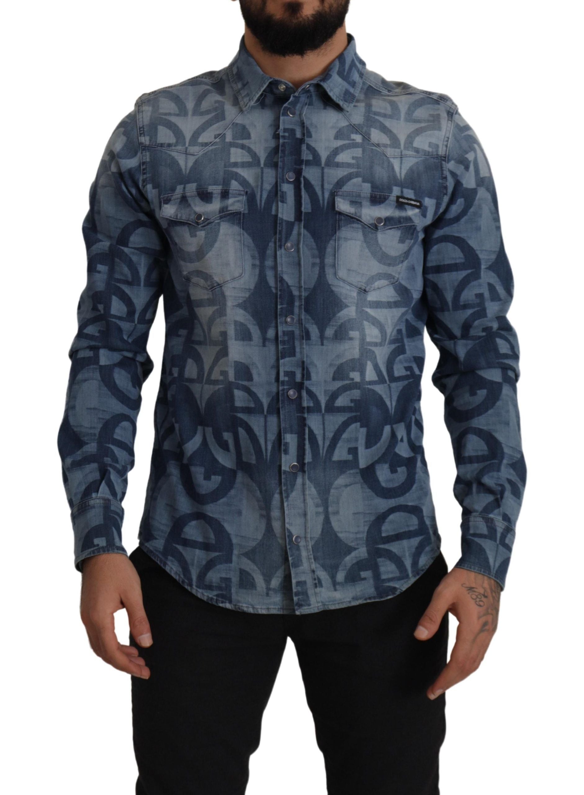 Dolce & Gabbana Blaues Denim Stretch DG Logo Lässiges schmales Herrenhemd
