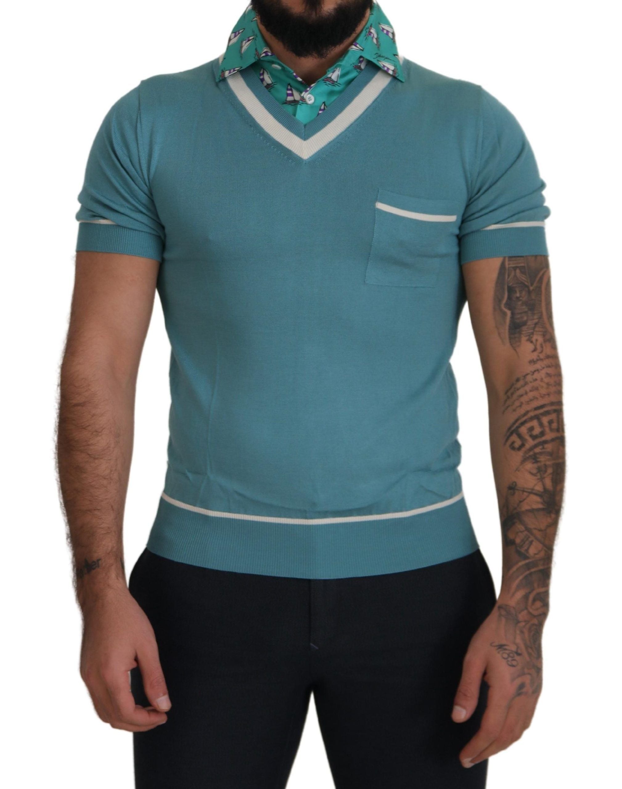 Dolce & Gabbana Blaues Seiden-Polo-Top Herren-T-Shirt mit V-Ausschnitt
