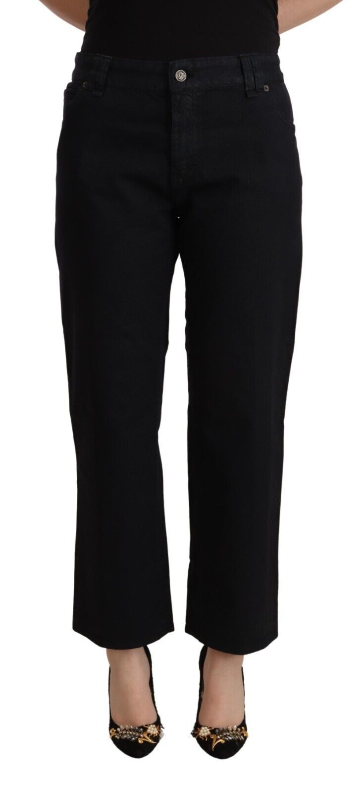 John Galliano Schwarze Baumwoll-Denim-Jeans mit ausgestelltem Bund und hoher Taille