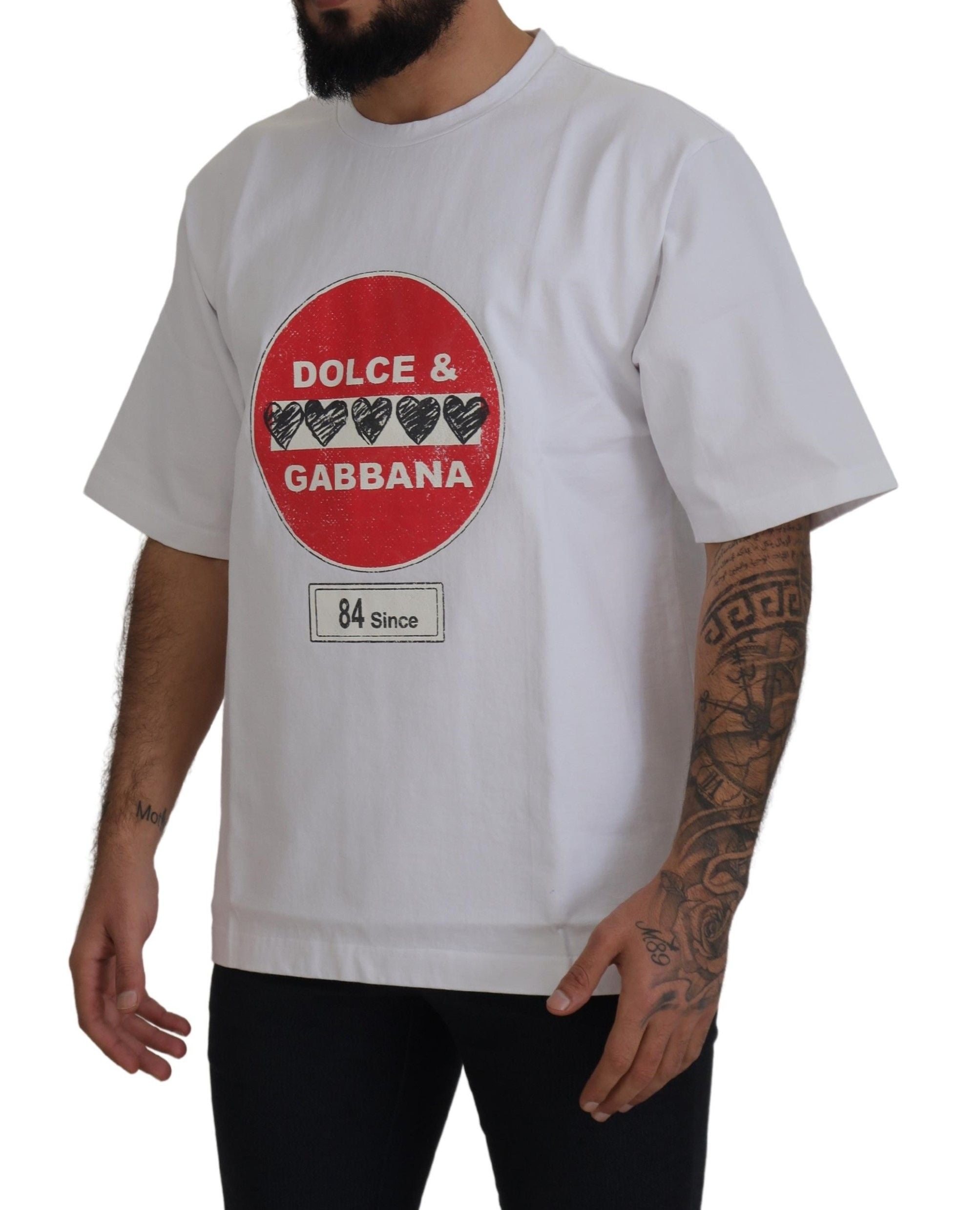 Dolce & Gabbana Weißes Amor Heart Baumwoll-T-Shirt mit Rundhalsausschnitt