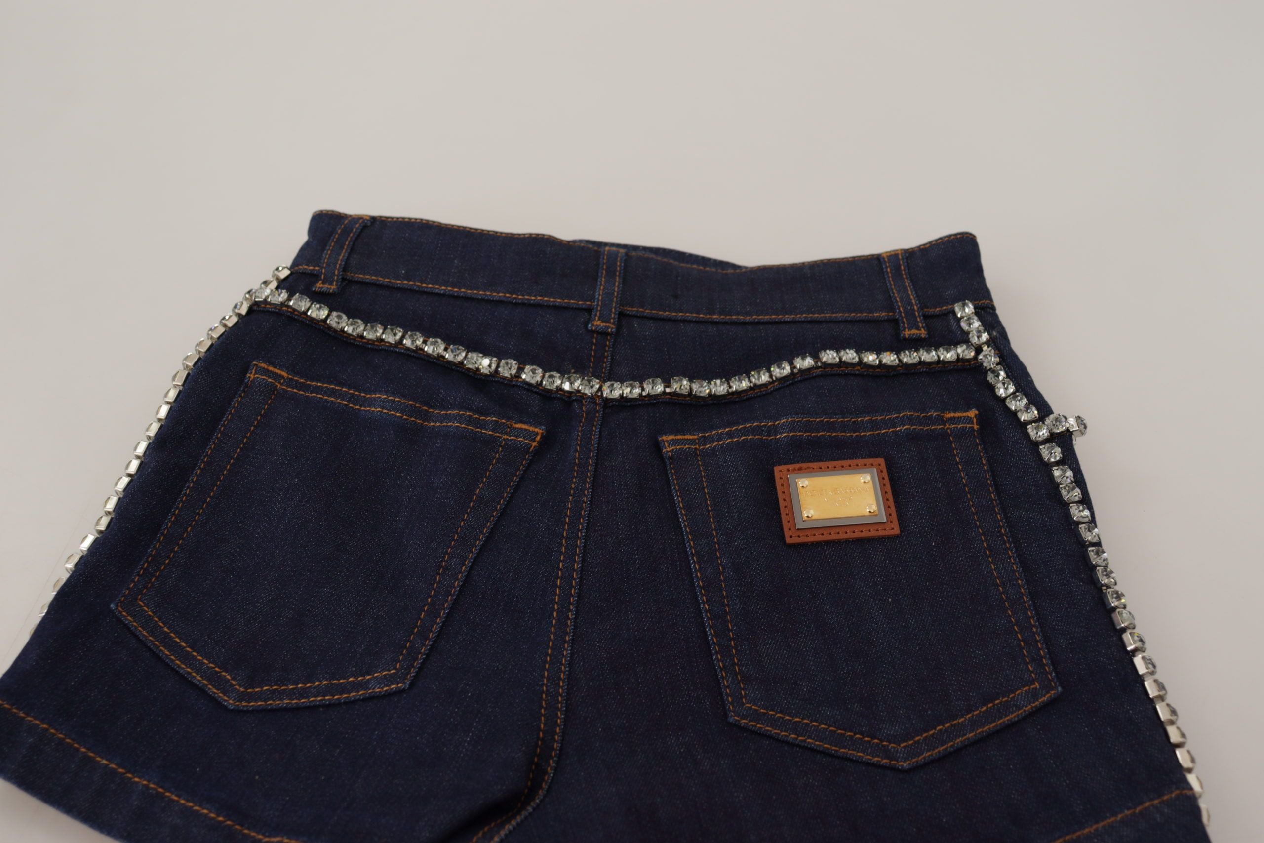 Dolce & Gabbana Blaue Stretch-Denim-Hotpants mit Kristallen