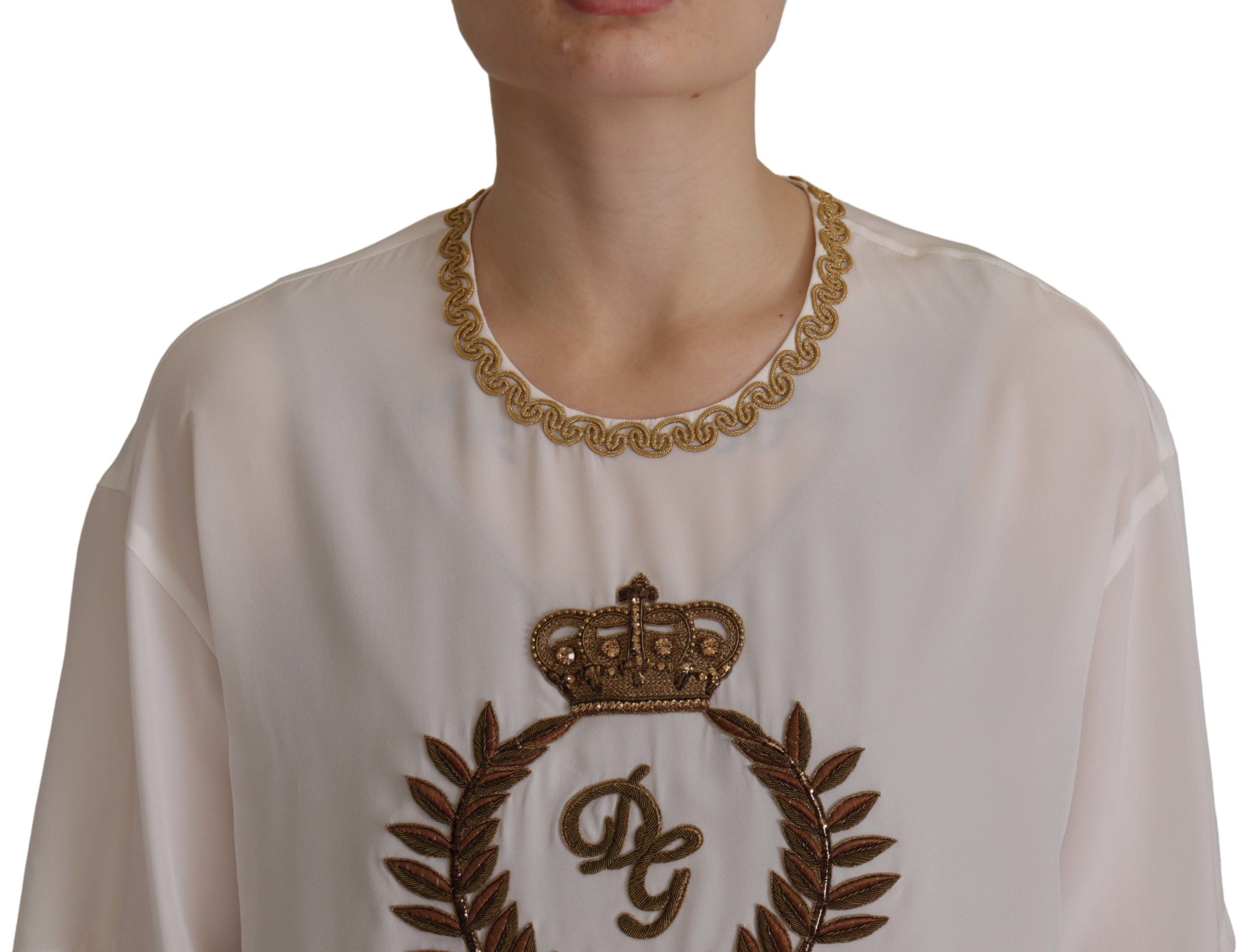 Dolce & Gabbana Weißes Seiden-Gold-DG-Kronenkristall-Blusentop