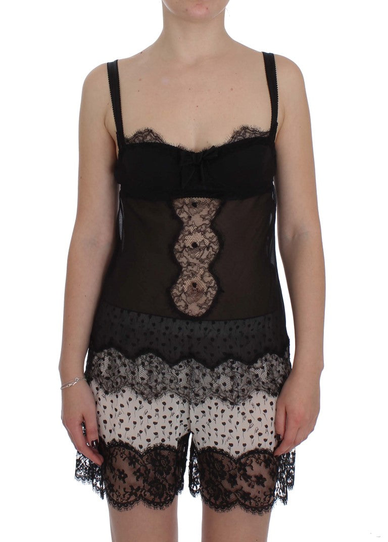 Dolce & Gabbana Schwarzes Seidenunterwäsche-Top mit floraler Spitze