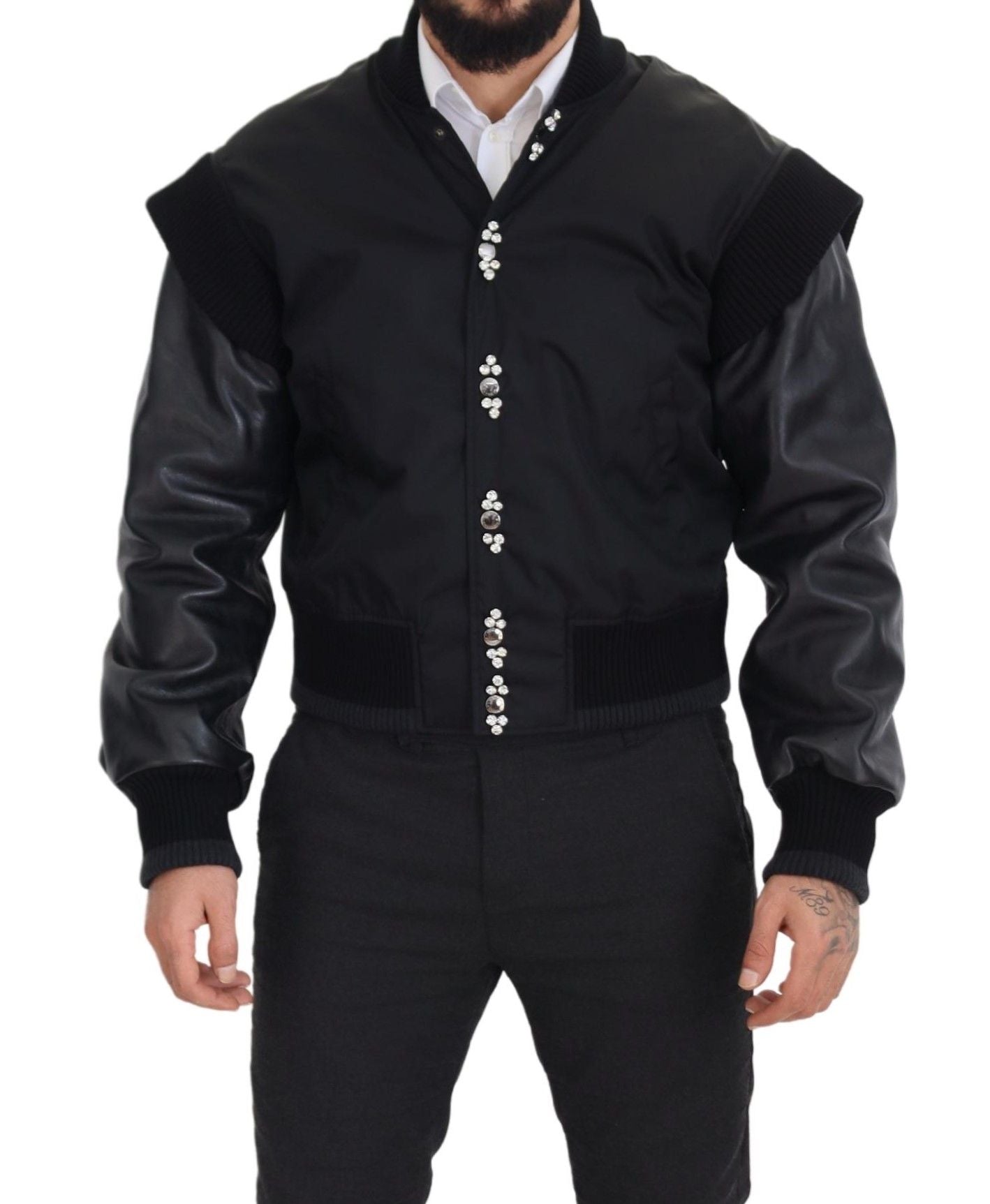 Dolce & Gabbana Schwarzes Nylon Kristalle Mantel Knöpfe Jacke