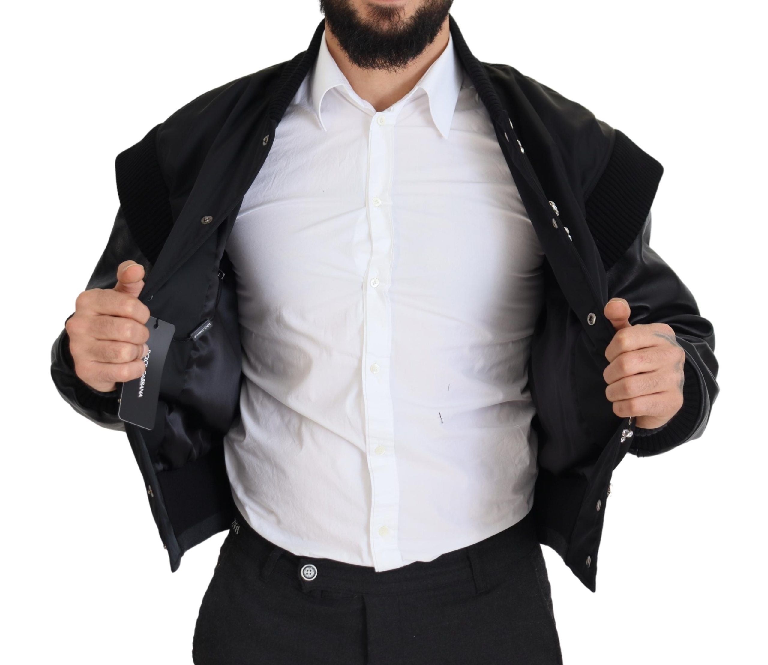 Dolce & Gabbana Schwarzes Nylon Kristalle Mantel Knöpfe Jacke