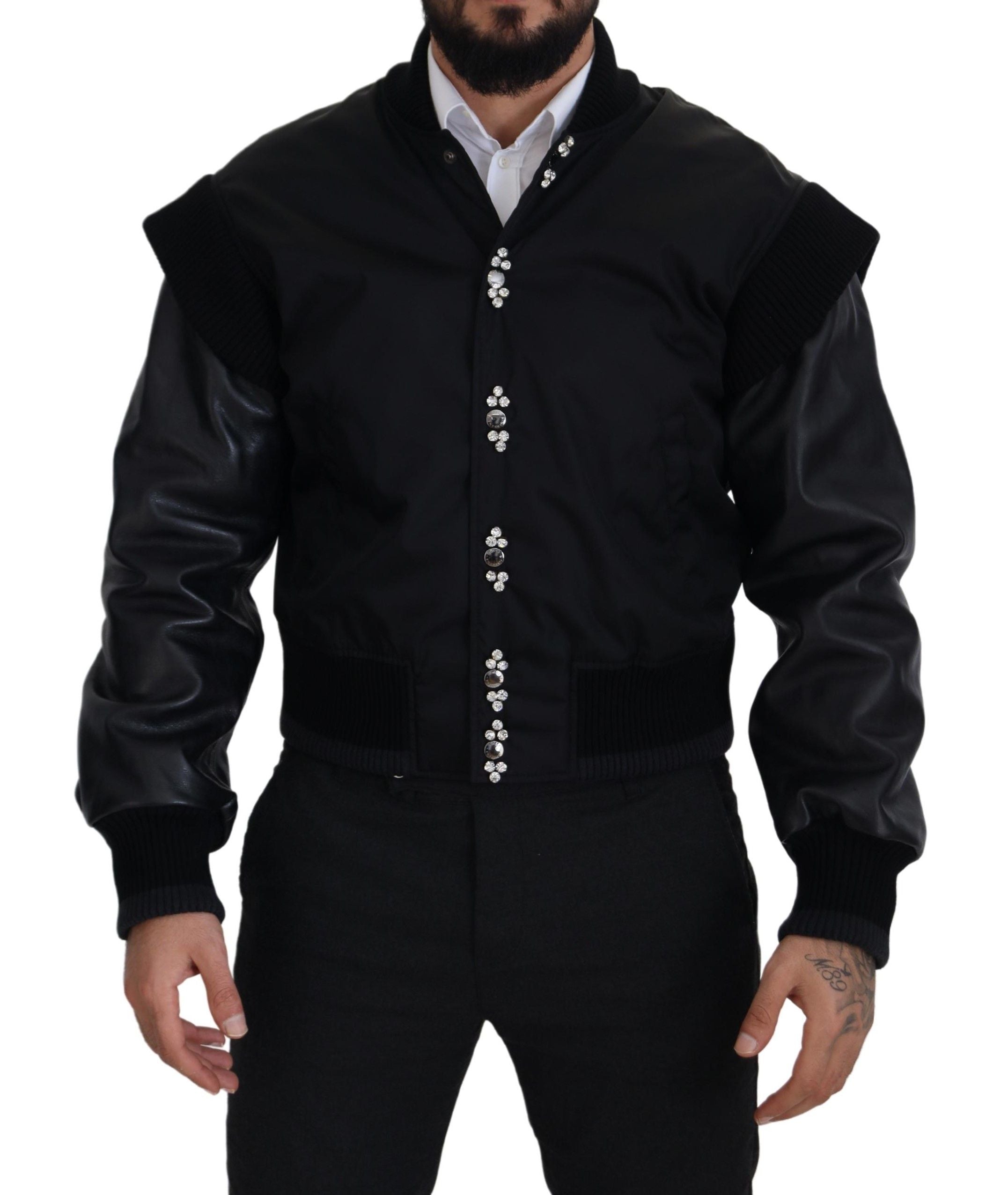 Dolce & Gabbana Schwarzes Nylon Kristalle Mantel Knöpfe Jacke
