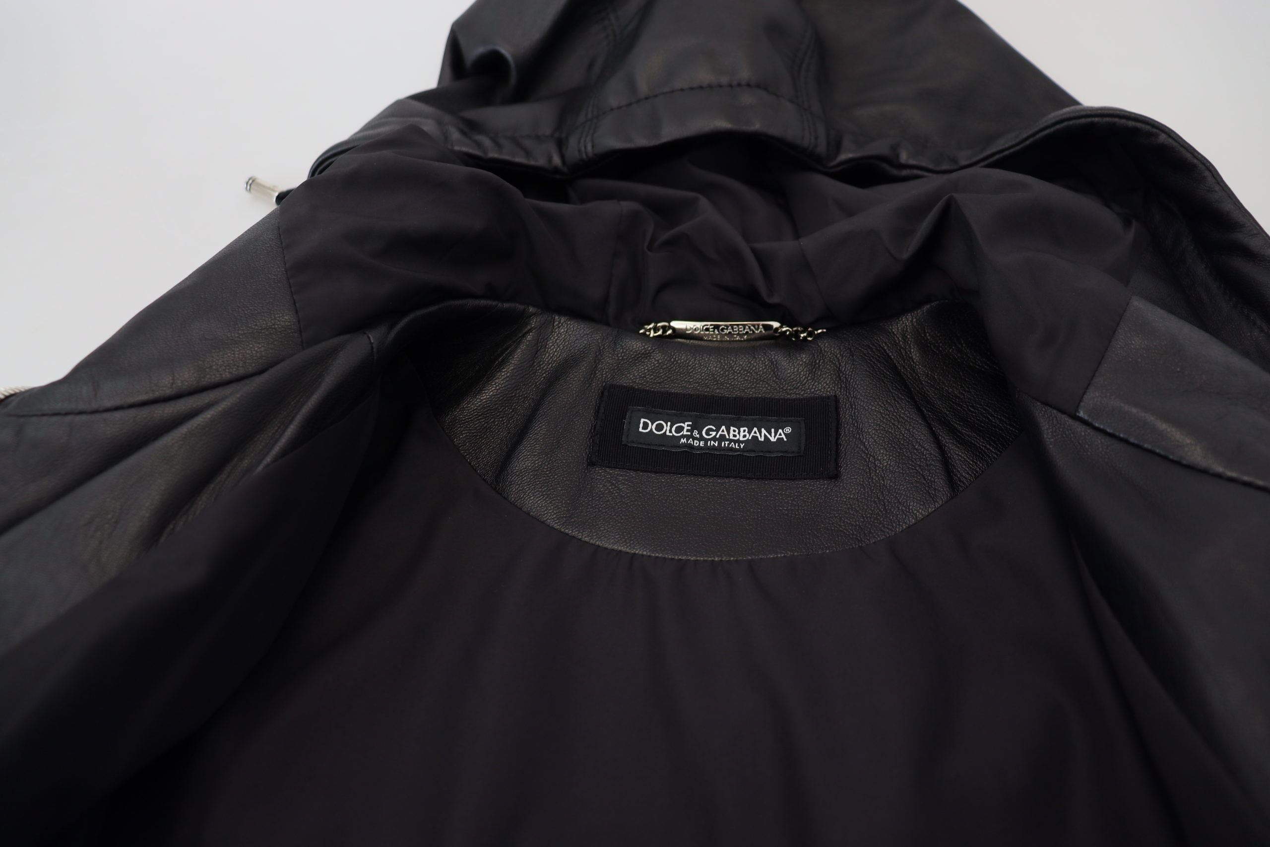 Dolce & Gabbana Schwarzer Leder Blousonmantel mit Kapuze Jacke