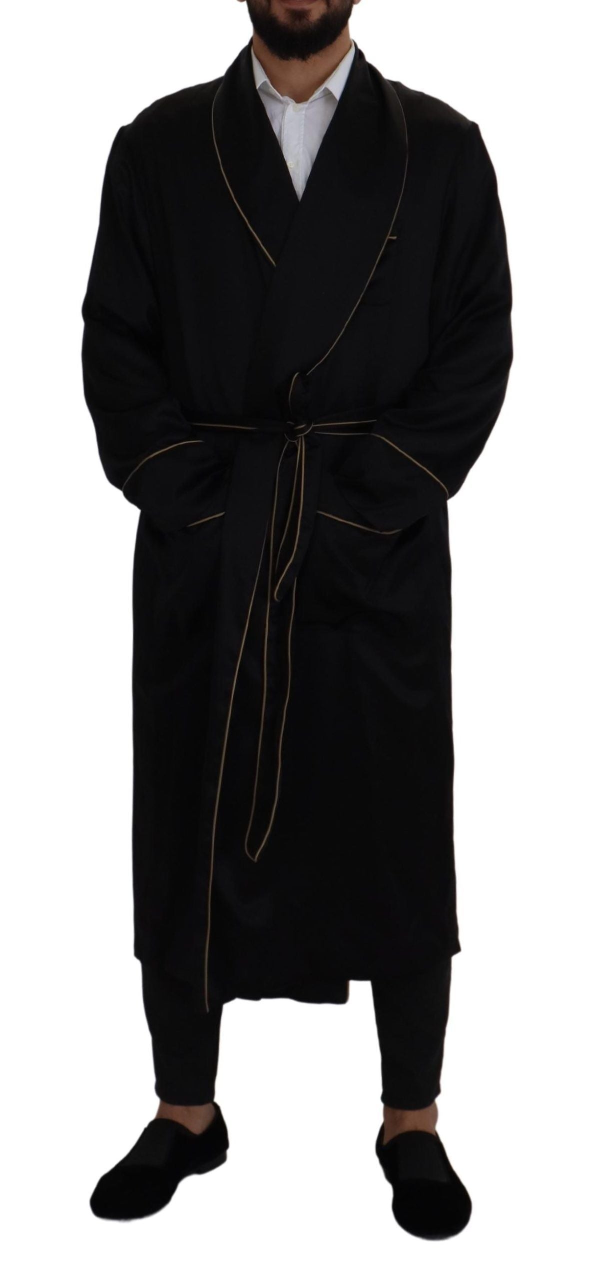 Dolce & Gabbana Schwarzer Robenmantel aus 100% Seide Wickeljacke