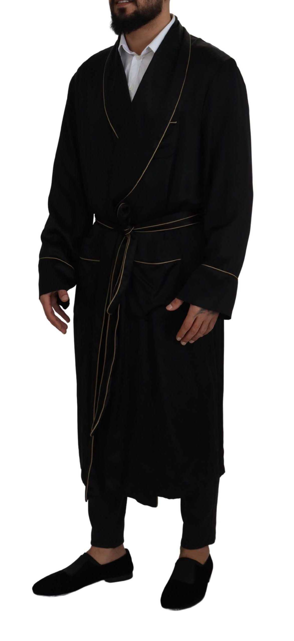 Dolce & Gabbana Schwarzer Robenmantel aus 100% Seide Wickeljacke