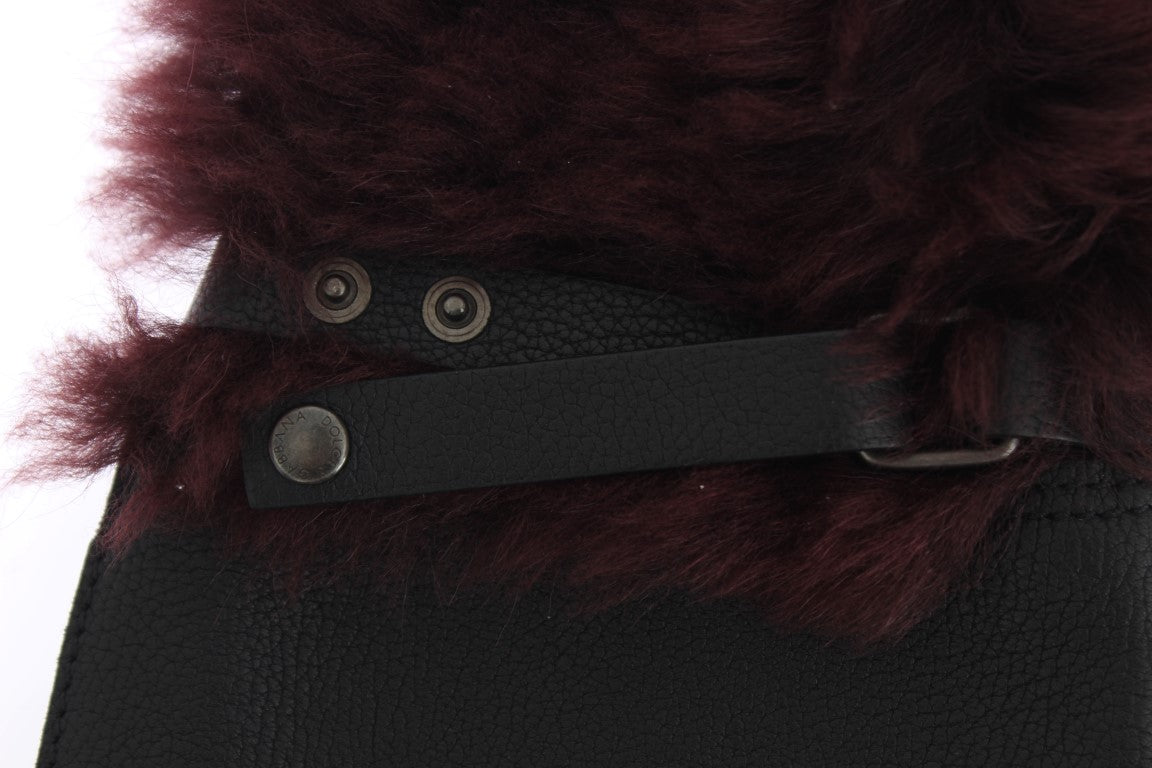 Dolce & Gabbana Schwarz Leder Bordeaux Shearling Handschuhe