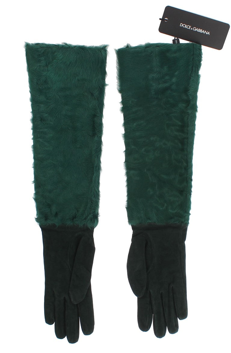 Dolce & Gabbana Grünes Leder Xiangao Pelz Ellenbogenhandschuhe