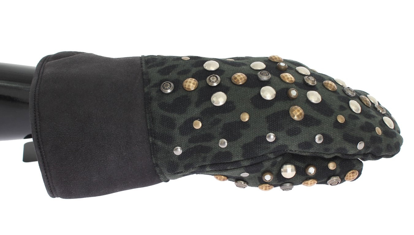 Dolce & Gabbana Graue Woll-Shearling-Handschuhe mit Nieten und grünem Leopardenmuster