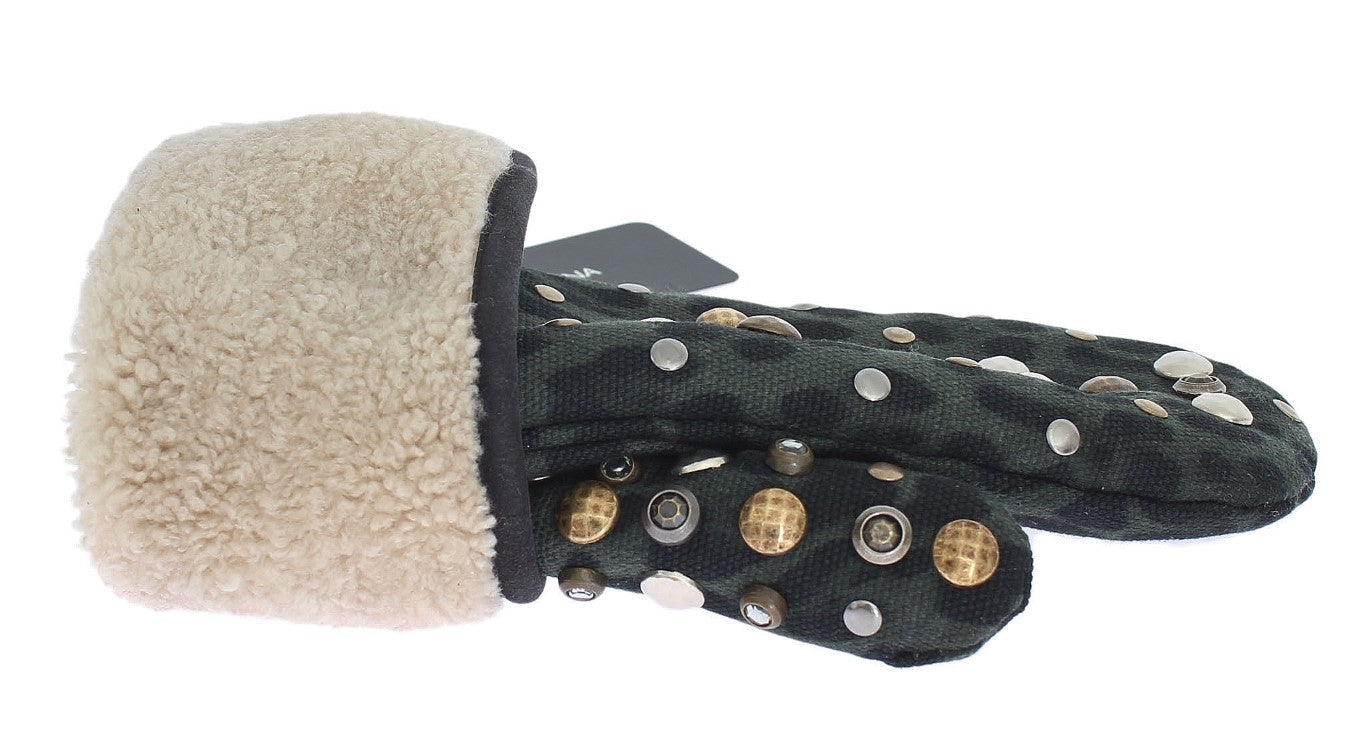 Dolce & Gabbana Graue Woll-Shearling-Handschuhe mit Nieten und grünem Leopardenmuster