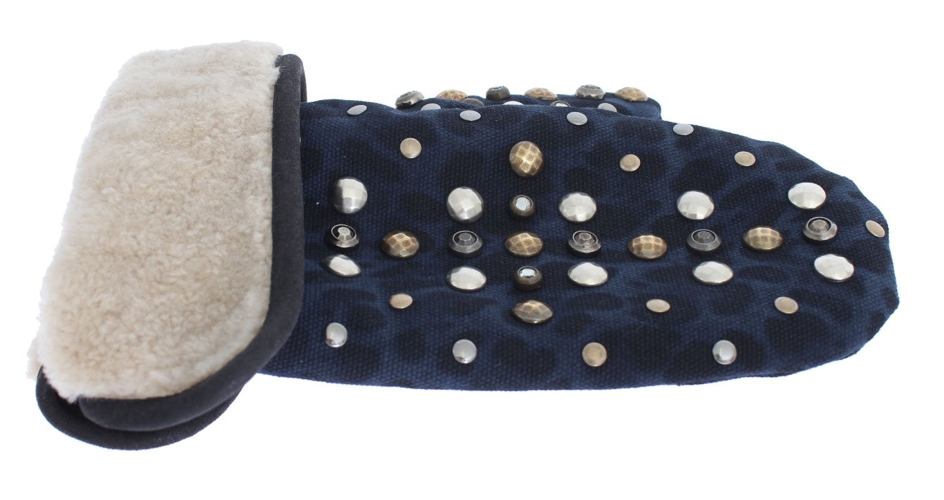 Dolce & Gabbana Graue Woll-Shearling-Handschuhe mit Nieten und blauem Leopardenmuster