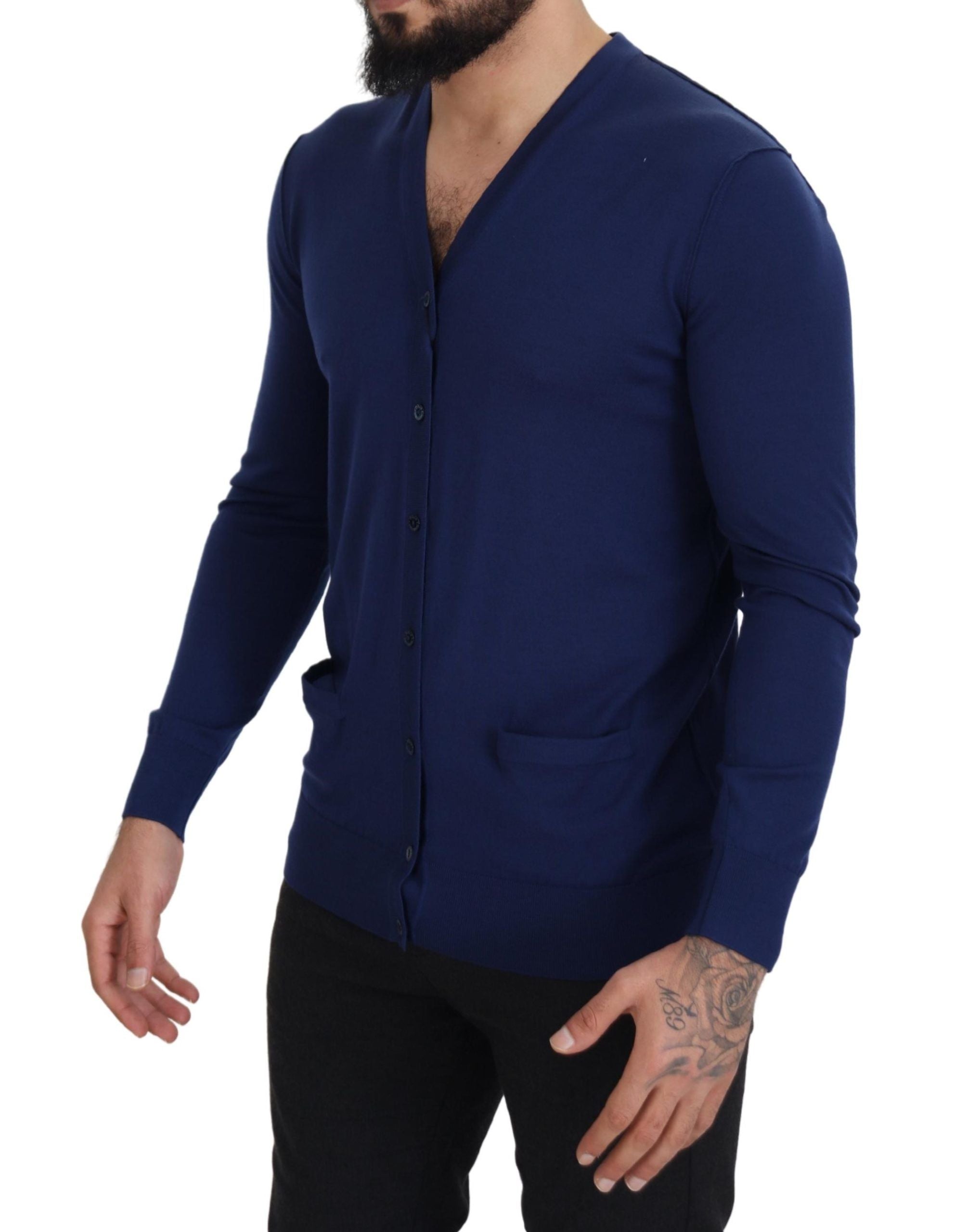 Dolce & Gabbana Blaue Wollstrickjacke mit V-Ausschnitt und Knopfleiste