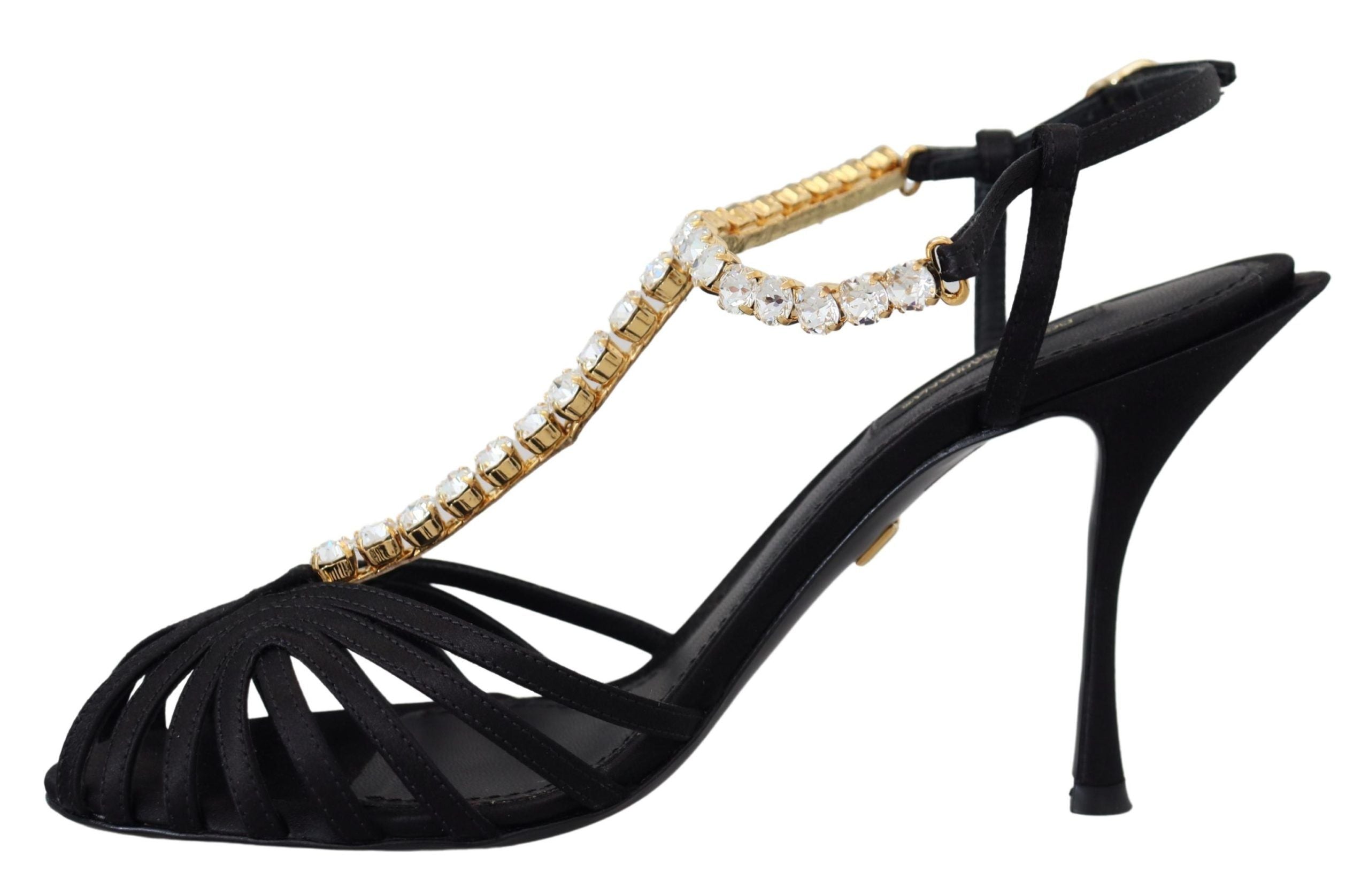 Dolce & Gabbana Schwarz Satin Klar Kristall T-strap Sandale Schuhe