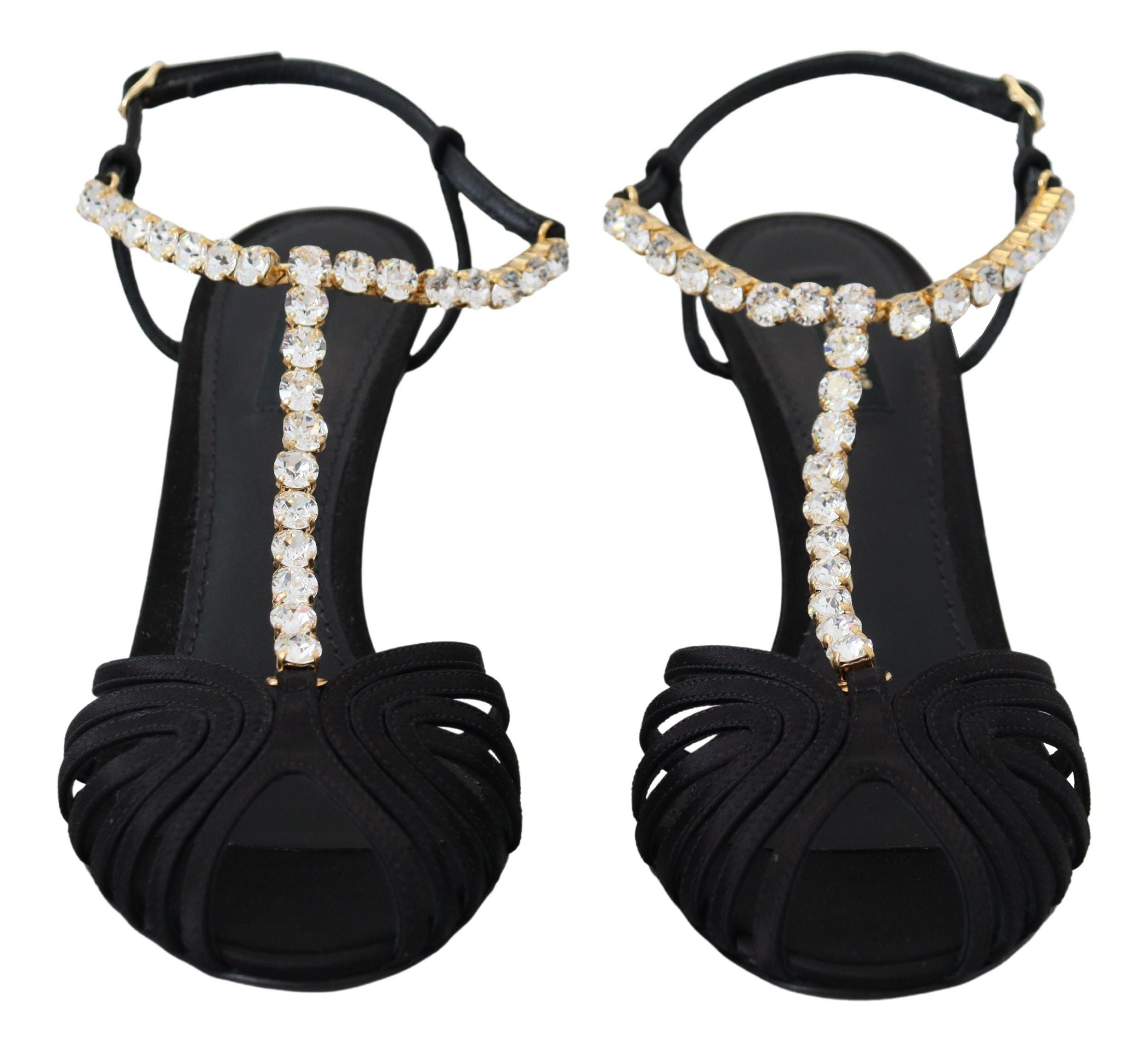 Dolce & Gabbana Schwarz Satin Klar Kristall T-strap Sandale Schuhe