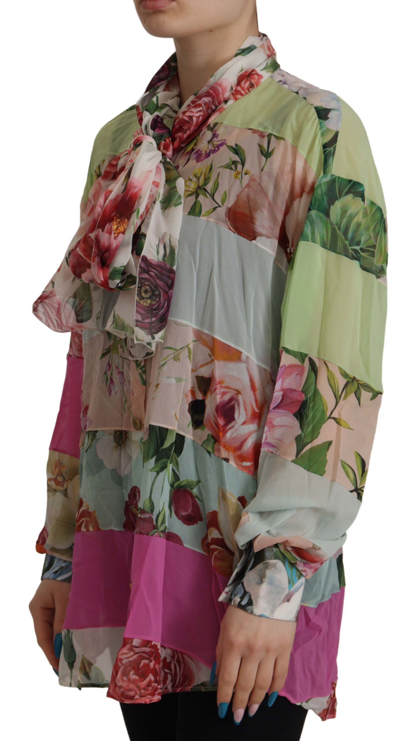 Dolce & Gabbana Multicolor Floral Patchwork Design Ascot Kragen Top Bluse