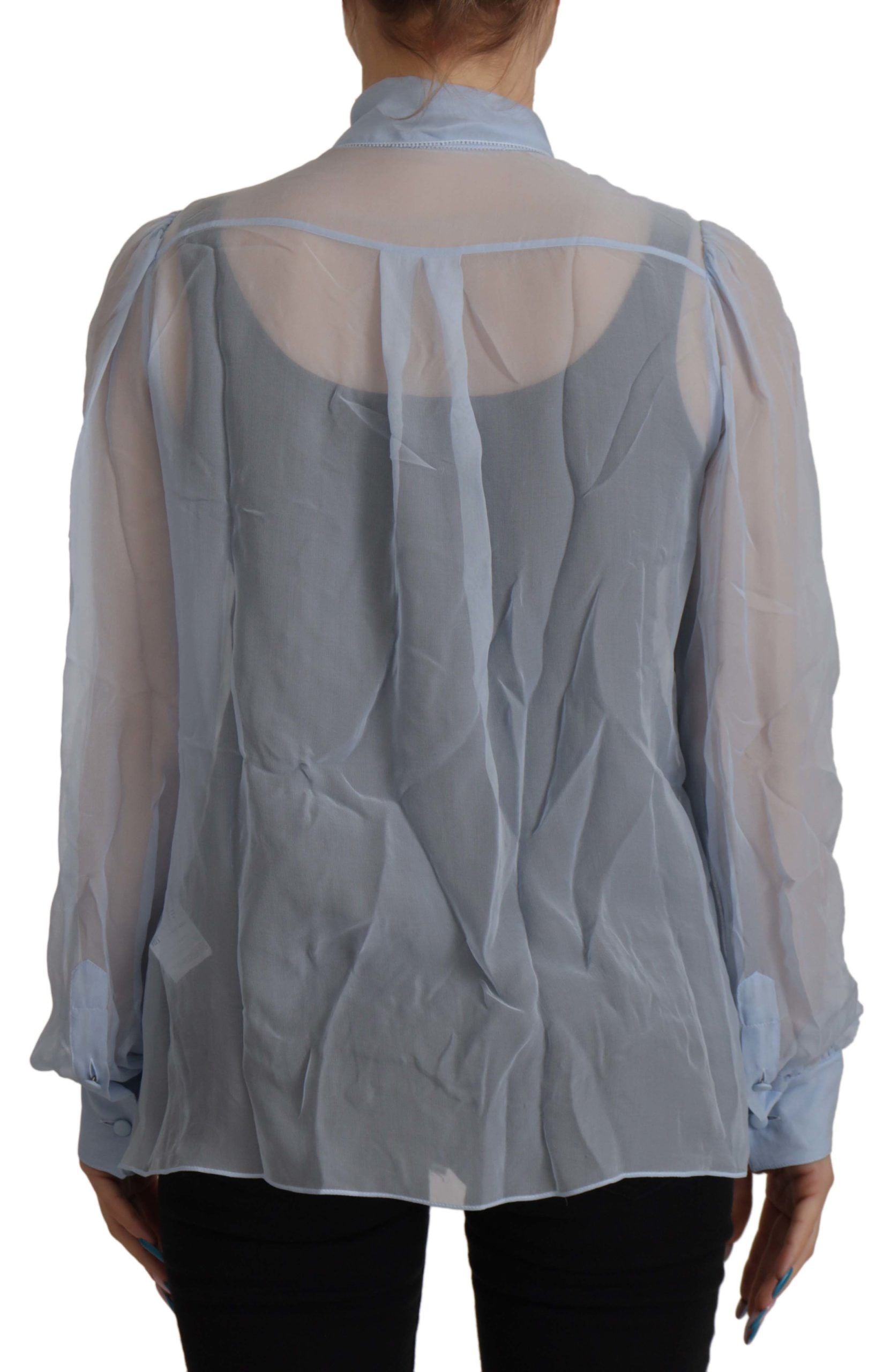 Dolce & Gabbana Hellblaues Seiden-Ascot-Kragen-Top mit langen Ärmeln