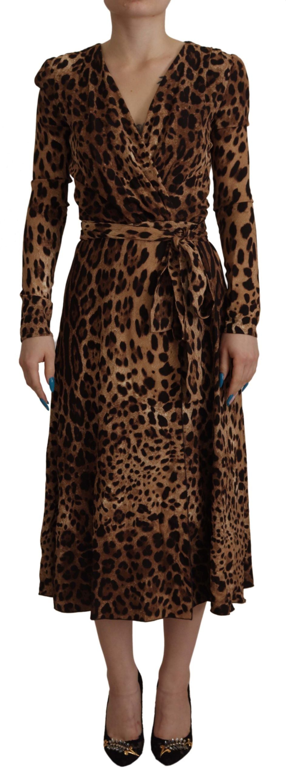 Dolce & Gabbana Braunes Leoparden Wickelkleid in A-Linie Maxi Viskose