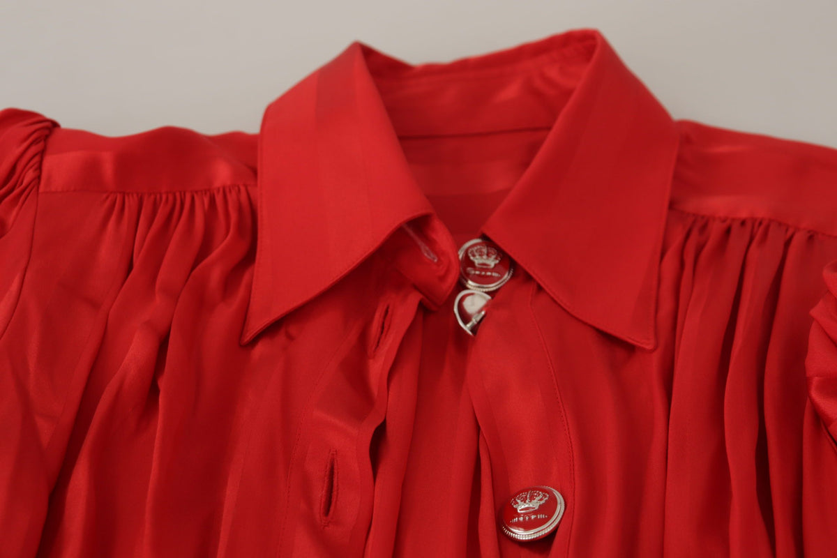 Dolce & Gabbana Rotes Midikleid mit Gürtel und Knopfleiste aus Satin und Seide