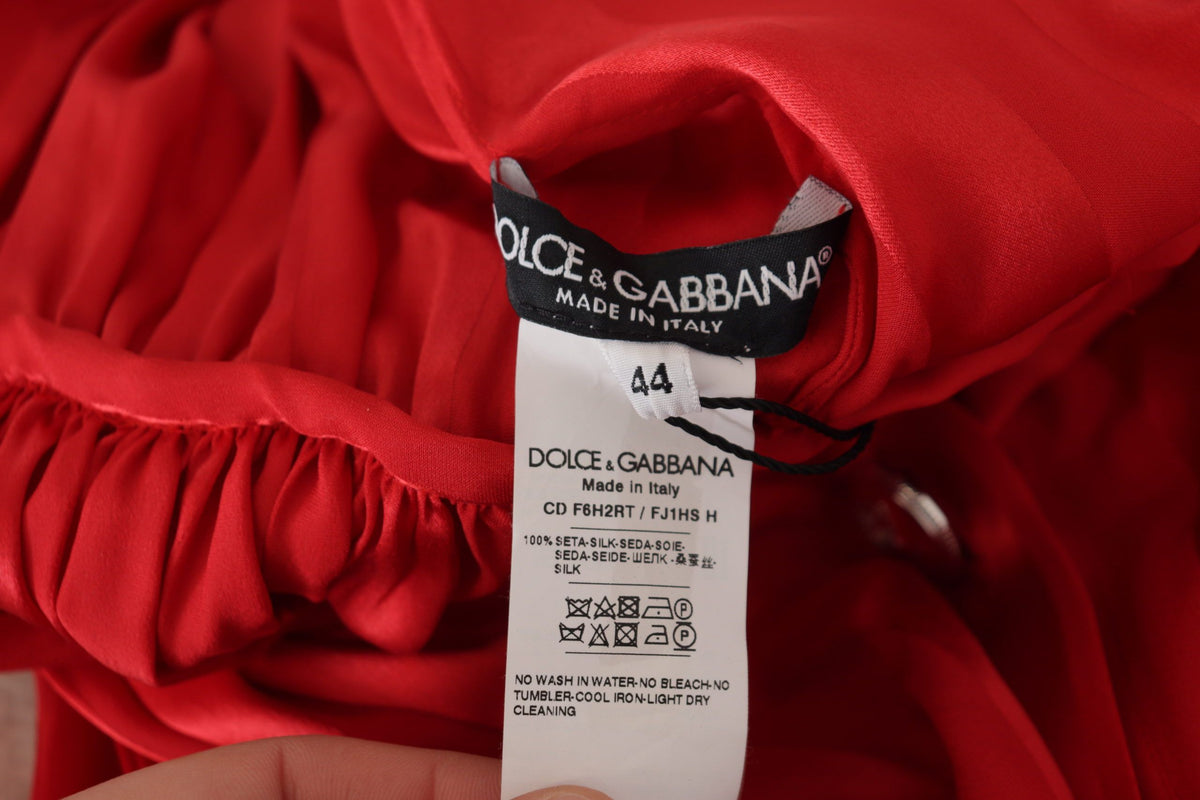 Dolce & Gabbana Rotes Midikleid mit Gürtel und Knopfleiste aus Satin und Seide
