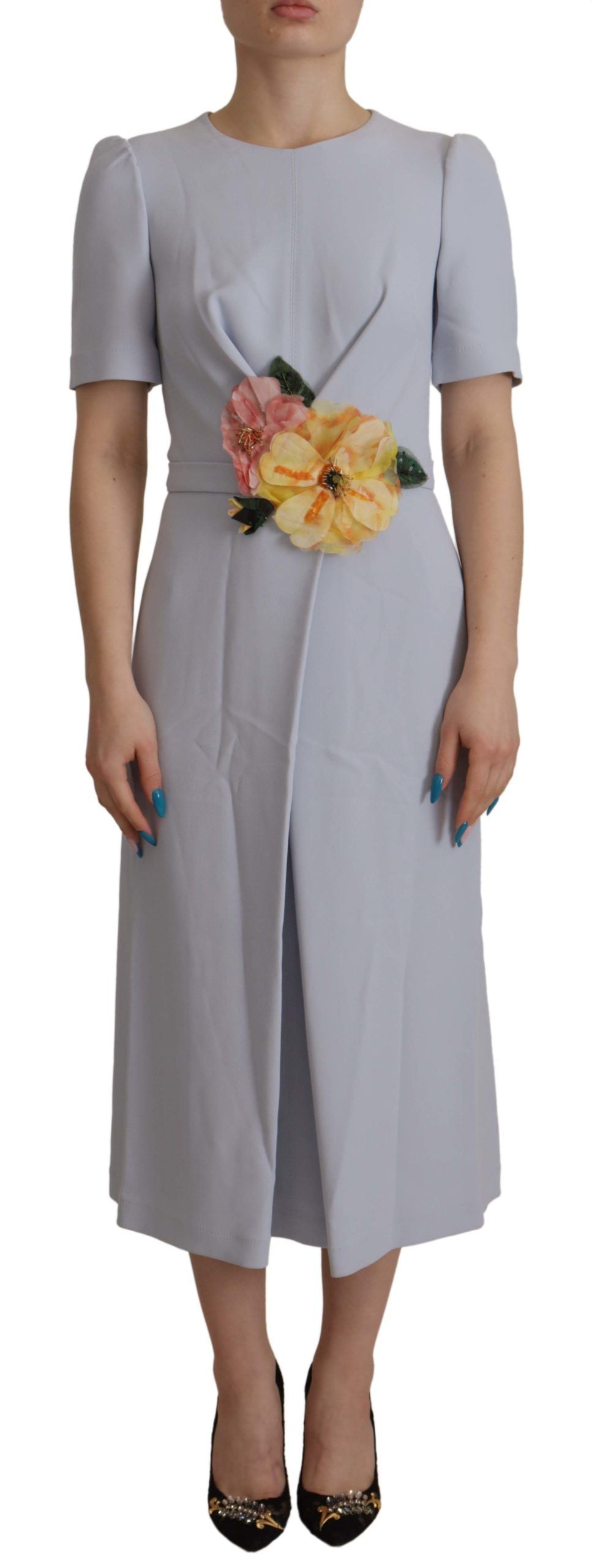 Dolce & Gabbana Blaues Midi-Kleid aus Viskose mit Blumenapplikationen