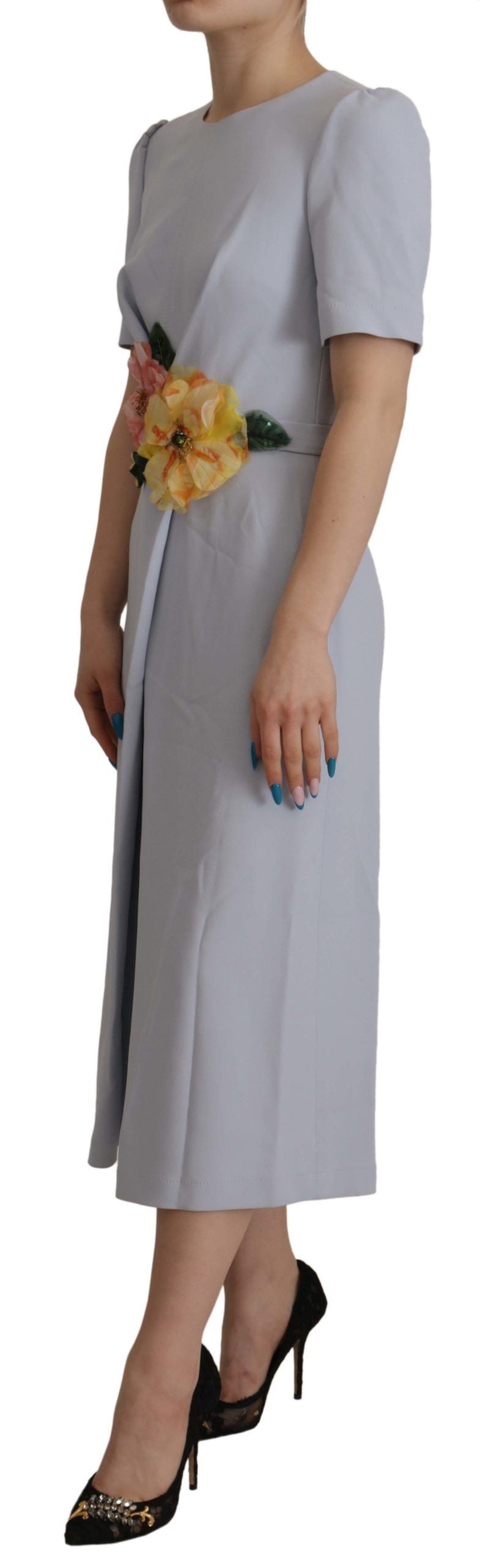 Dolce & Gabbana Blaues Midi-Kleid aus Viskose mit Blumenapplikationen