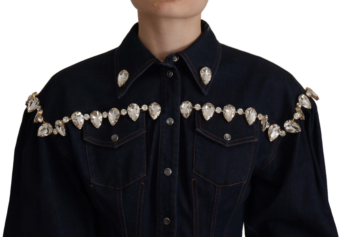 Dolce & Gabbana Blaue Denim Jacke aus Baumwolle mit Kristallverzierung