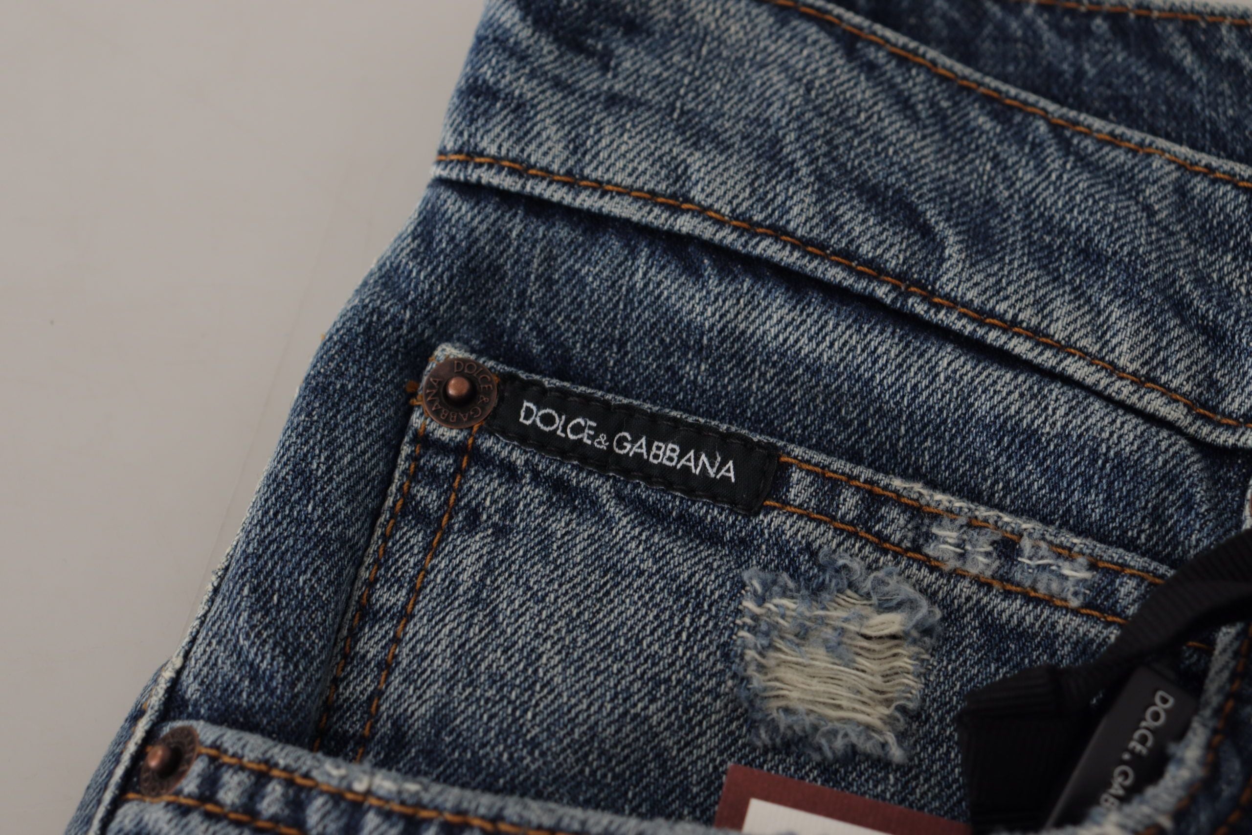 Dolce & Gabbana Blaue Denim Barock Herz Logo Patch Hose Jeans