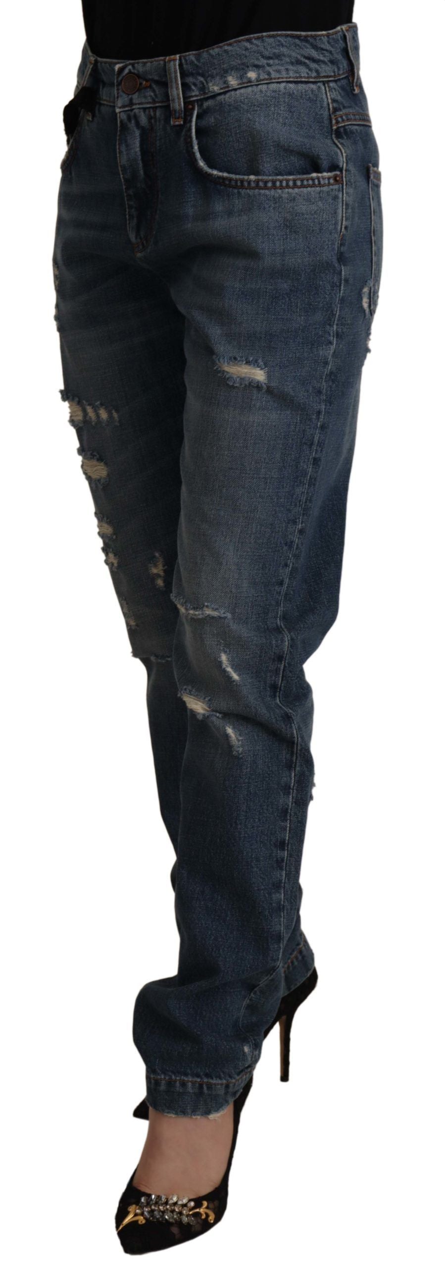 Dolce & Gabbana Blaue Denim Barock Herz Logo Patch Hose Jeans