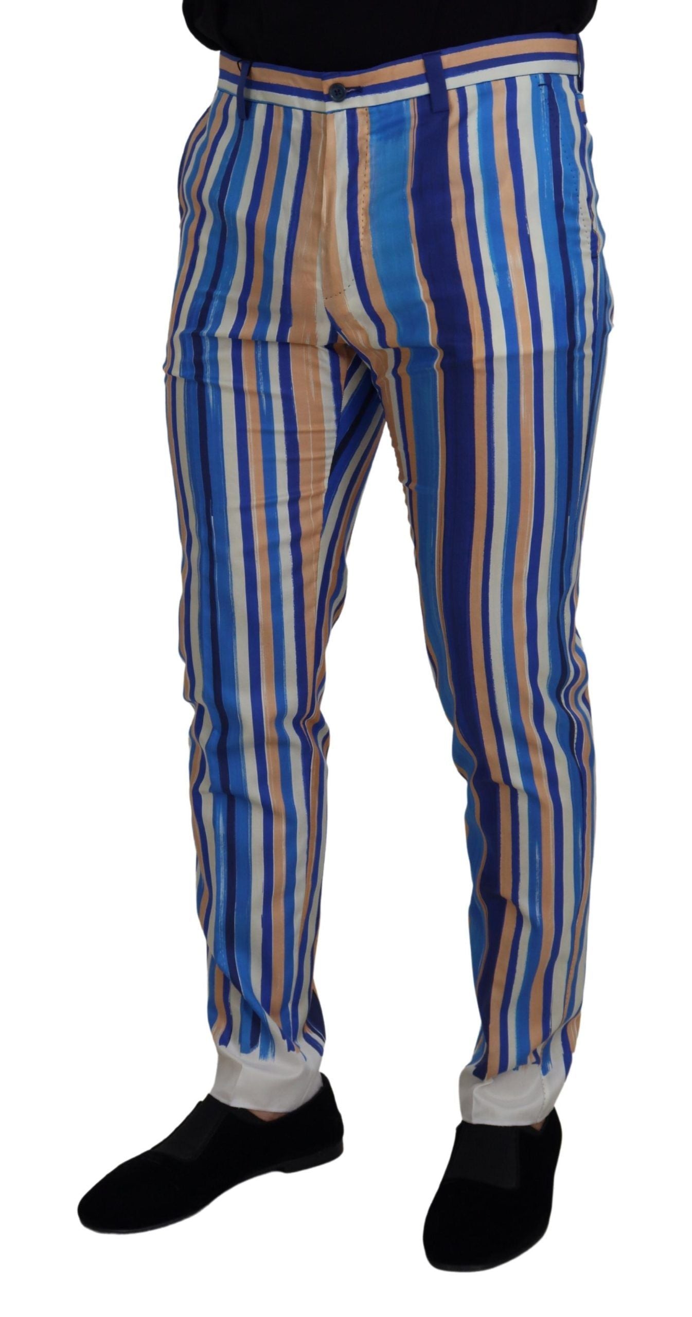 Dolce & Gabbana Blau gestreifte Seiden-Baumwoll-Schlank-Hose Hose