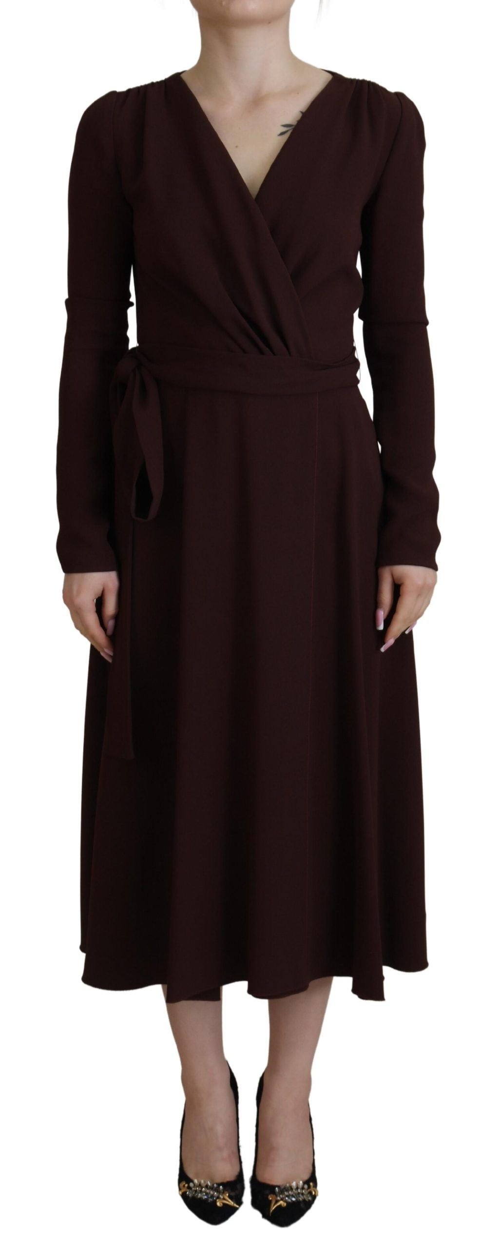 Dolce & Gabbana Braunes langärmeliges Midi-Stretch-Kleid mit Wickeloptik