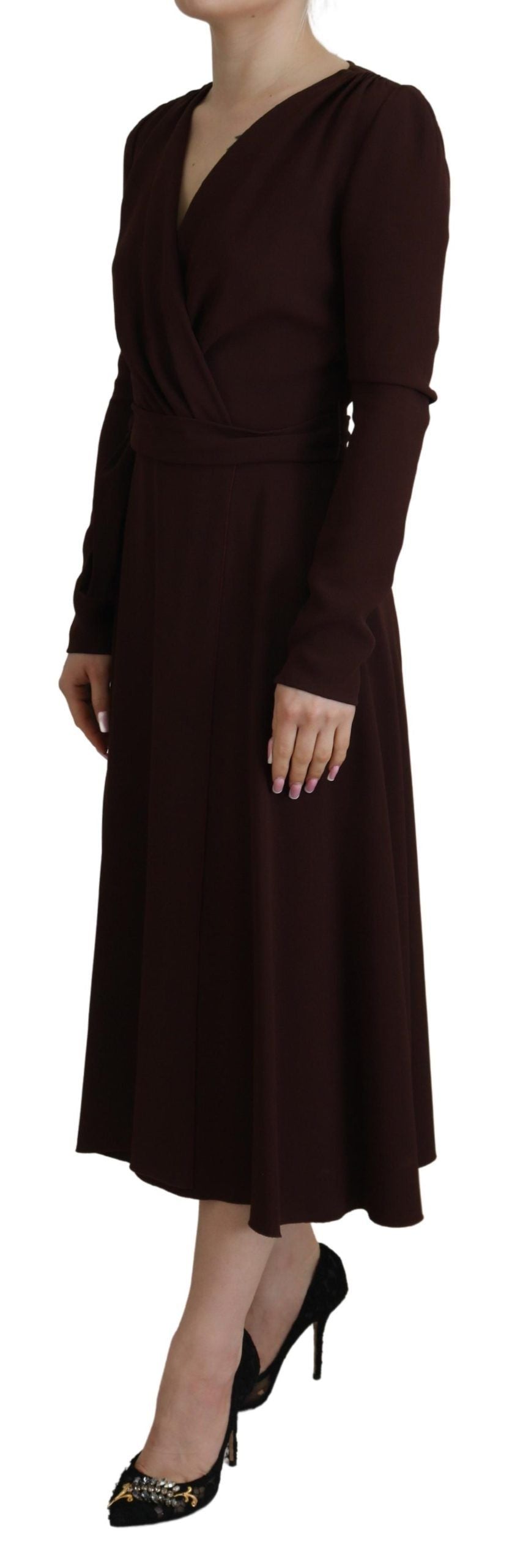 Dolce & Gabbana Braunes langärmeliges Midi-Stretch-Kleid mit Wickeloptik