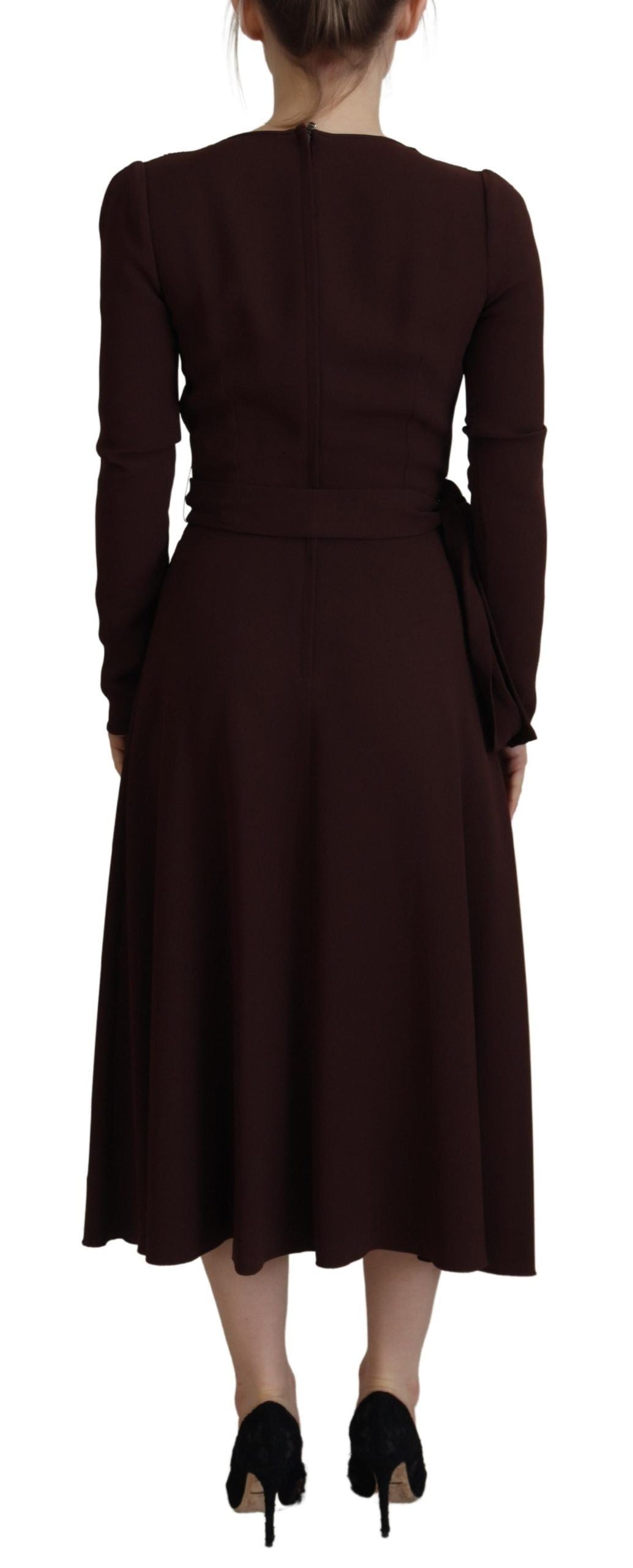 Dolce & Gabbana Braunes langärmeliges Midi-Stretch-Kleid mit Wickeloptik
