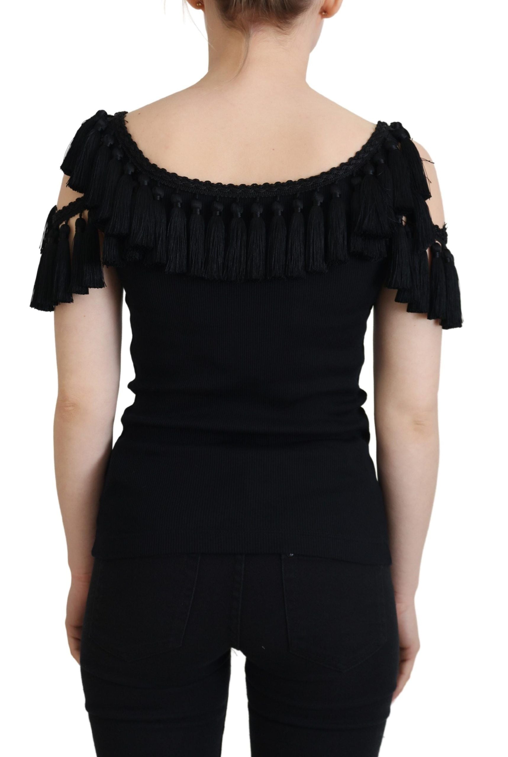 Dolce & Gabbana Schwarzes Tanktop Bluse Quastenbluse Baumwolle